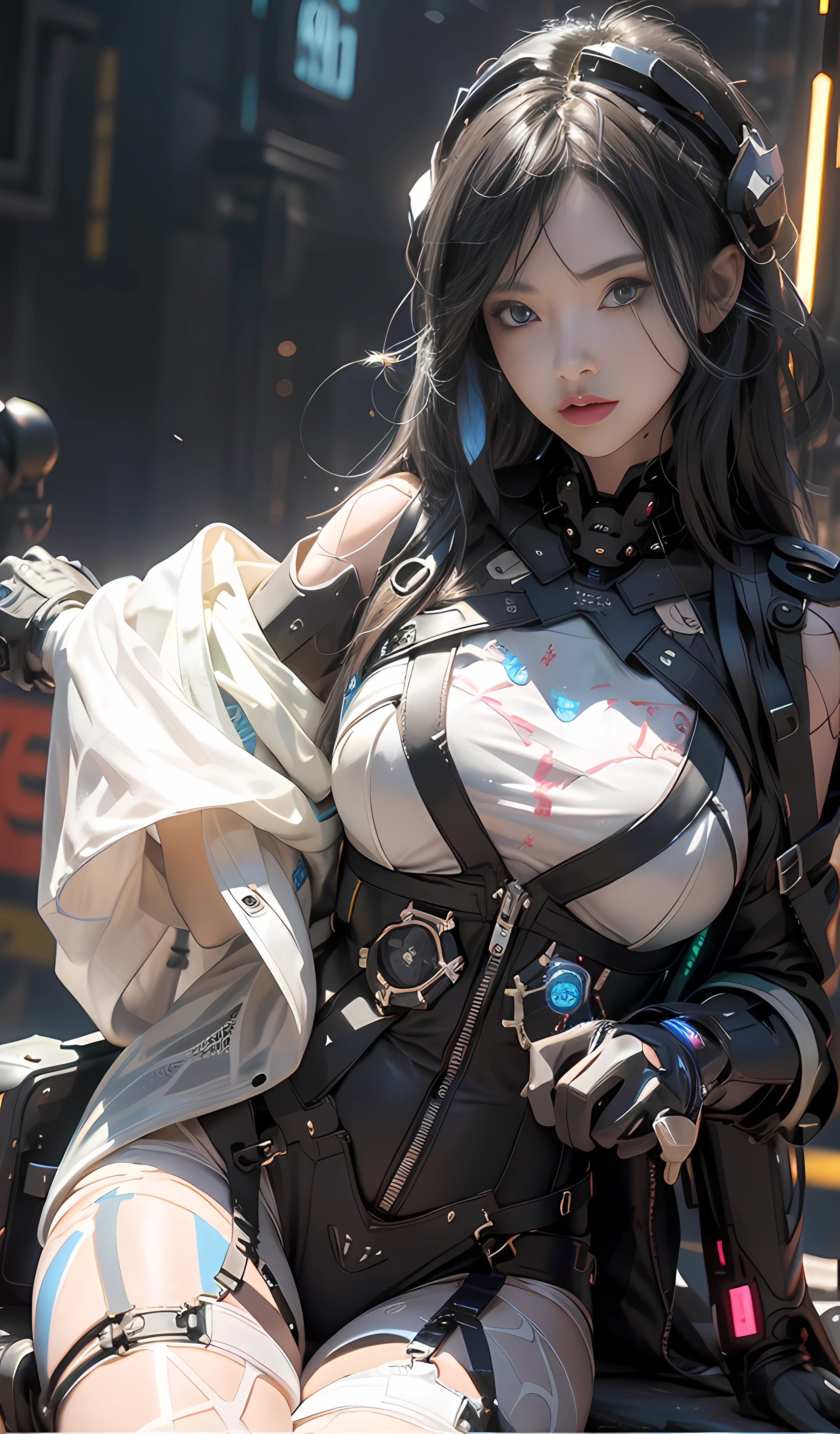 Unity 8k壁纸,((best qualtiy)), ((tmasterpiece)), (the detail:1.4), 。.。.。.。.3D, A beautiful cyberpunk female image,hdr(HighDynamicRange),Ray traching,NVIDIA RTX,Hyper-Resolution,Unreal 5,Subsurface scattering、PBR Texture、post-proces、Anisotropy Filtering、depth of fields、maximum definition and sharpness、Many-Layer Textures、Albedo e mapas Speculares、Surface coloring、Accurate simulation of light-material interactions、perfectly proportions、rendering by octane、Two-colored light、largeaperture、Low ISO、White balance、the rule of thirds、8K raw data、(Pat the upper body,closeup of face,Side face,The accessories are gorgeous)Cyberpunk sci-fi style,Black and white dominant color clothing,Blue luminous decoration,The hair texture is soft,In order
