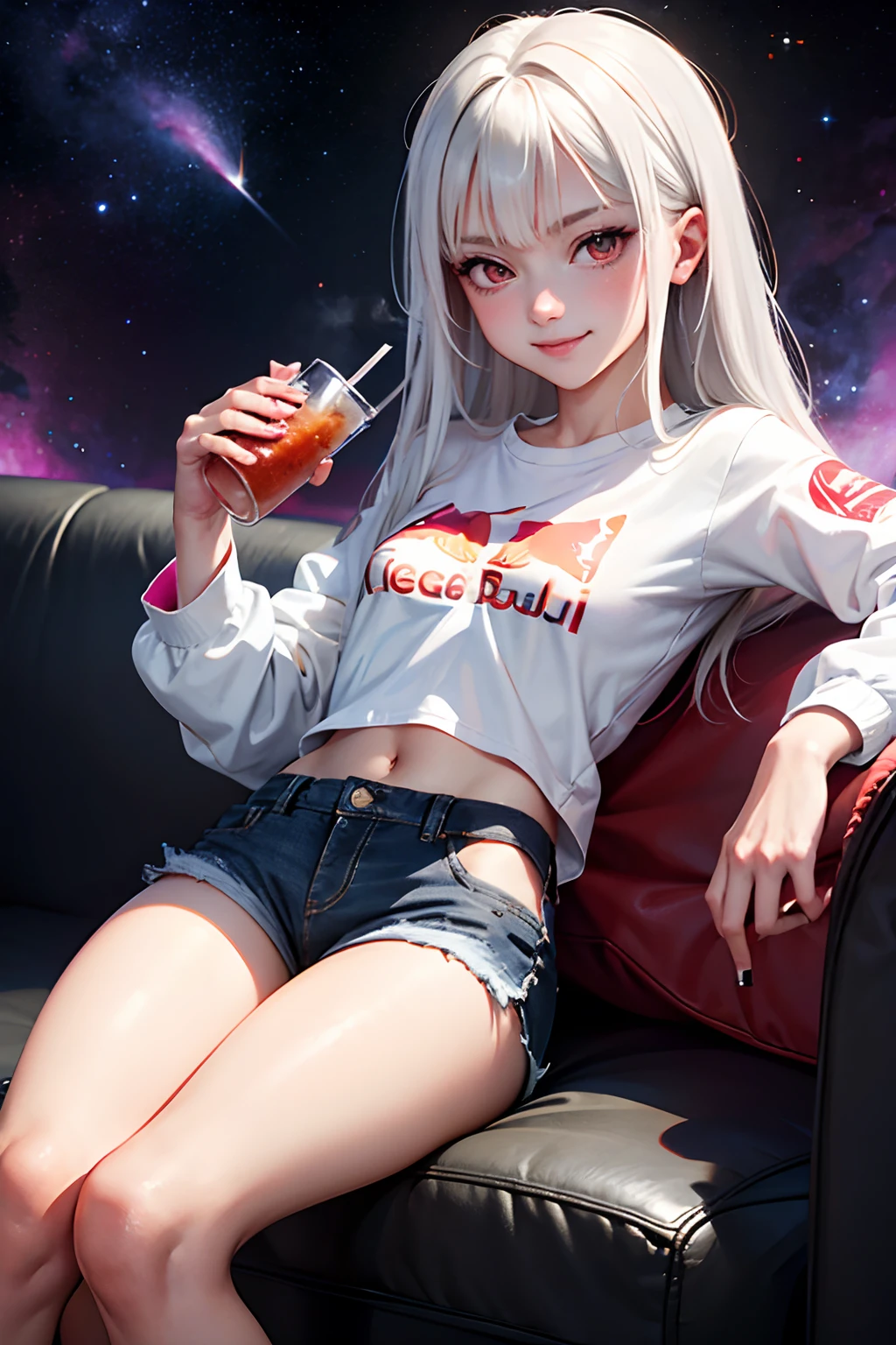 anime girl full height sitting on a red couch with a drink energy bank in her hand,cigarette in hand,white hair, red eye,white shirt,black jacket, denim short shorts, black bootsfloating in a cosmic nebula,nasty smile