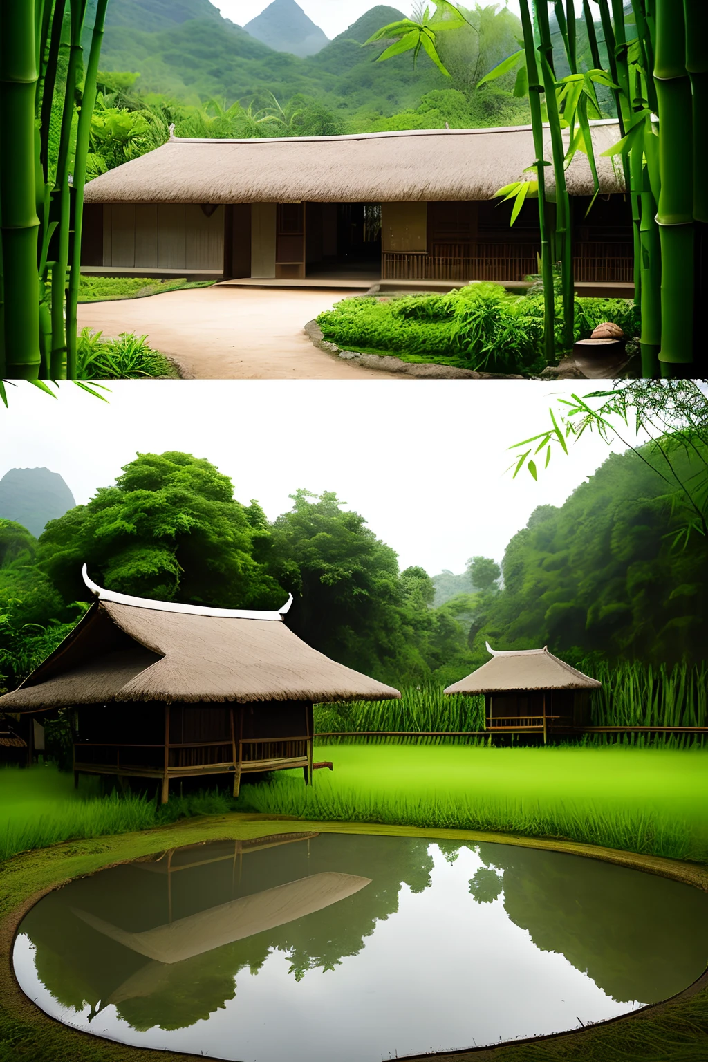 A thatched house with mud walls under a green bamboo forest is a beautiful and peaceful image of the Vietnamese countryside. The house has a thatched roof to shelter from the sun and rain, mud walls to block the cold wind, a clean wooden floor, and a small window to catch the breeze. In front of the house is a garden of fresh vegetables, next to it is a clear pond with fish. Behind the house is a tall bamboo forest, green and lush, rustling with the sound of birds singing. The people here live simply, hardworking, hospitable. They always appreciate the peaceful and happy life .