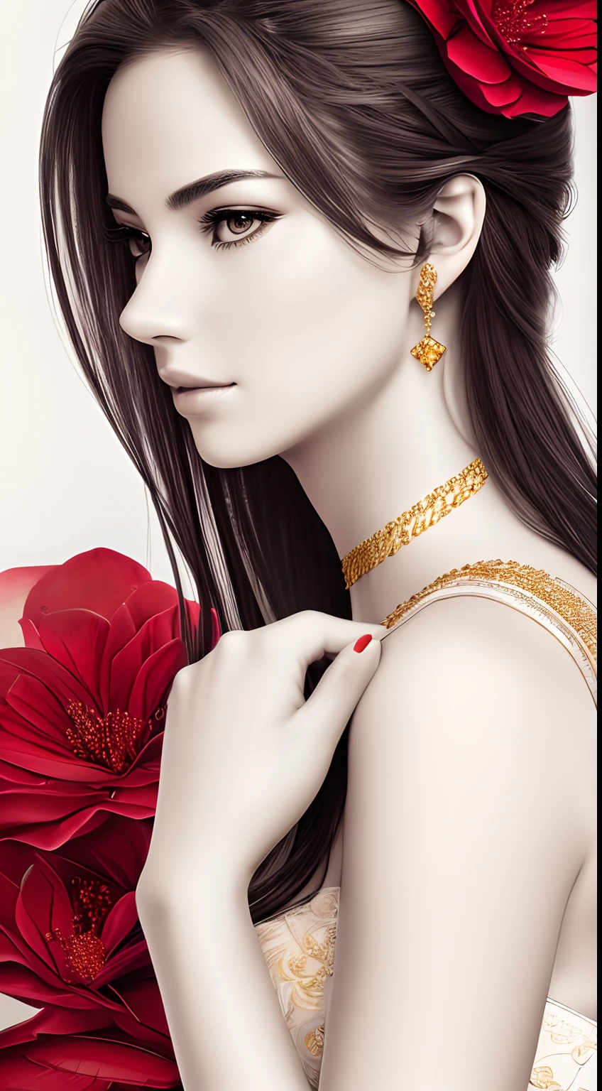 finest image, (8k, RAW photo, realistic), portrait, line drawing, line art, monochrome, no color, beautiful women's lazy gestures, poses, and expressions, background ivory, many red petals, gold jewelry accessories, detailed and delicate depiction, professional lighting