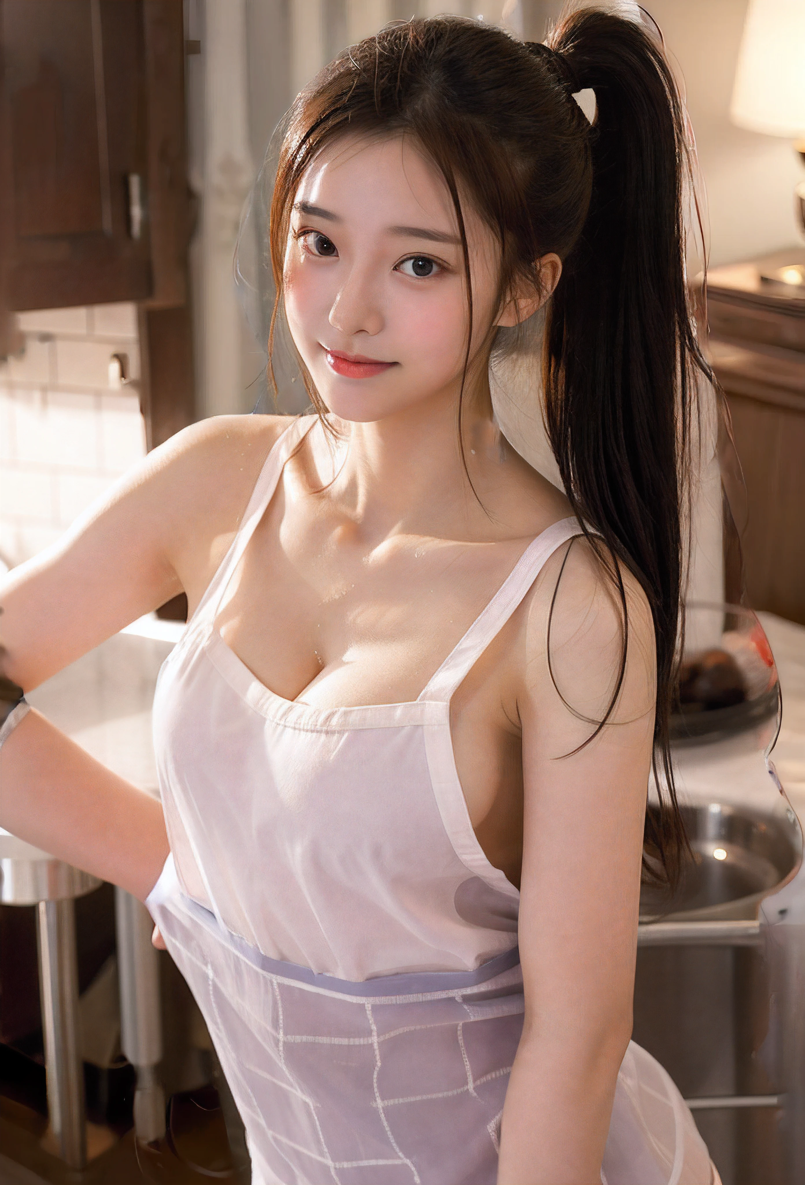 Light-colored apron, transparent, wet body, sexy face