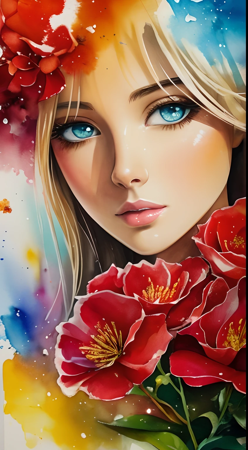 finest image, (8k, RAW photo, realistic), portrait, monochrome, beautiful women's lazy gestures, poses, and expressions, portrait by Willem Haenraets, watercolor, wet on wet and sputtering technique, abstraction, splash paint, clouds wet to wet techniques, rice paper texture, pencil art, ink art, background colored iridescent gold powder and many red petals, detailed and delicate depiction, professional lighting