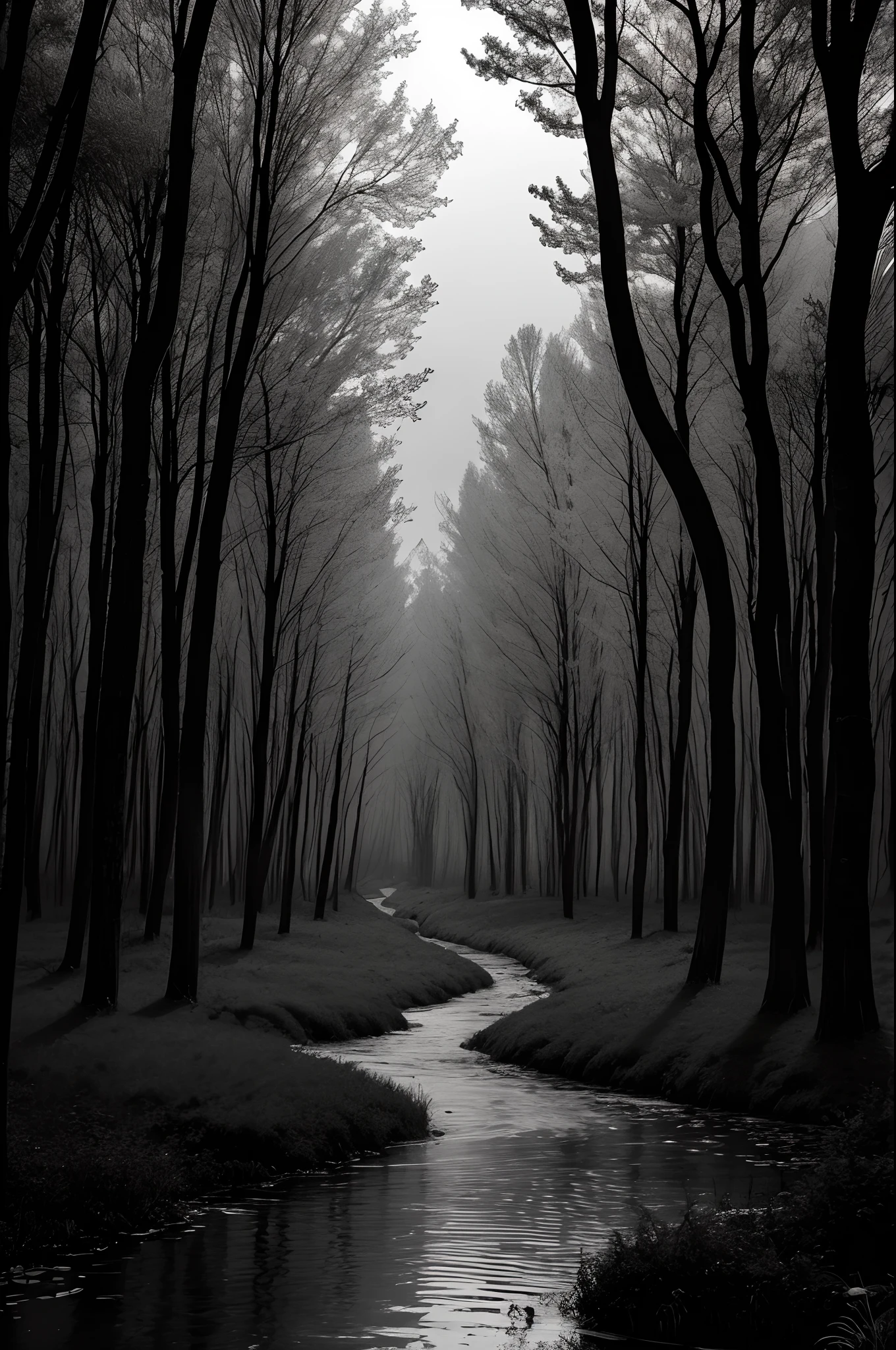 black and white, Grey and Red Image Blood Moon Old Scary Forest Blood River