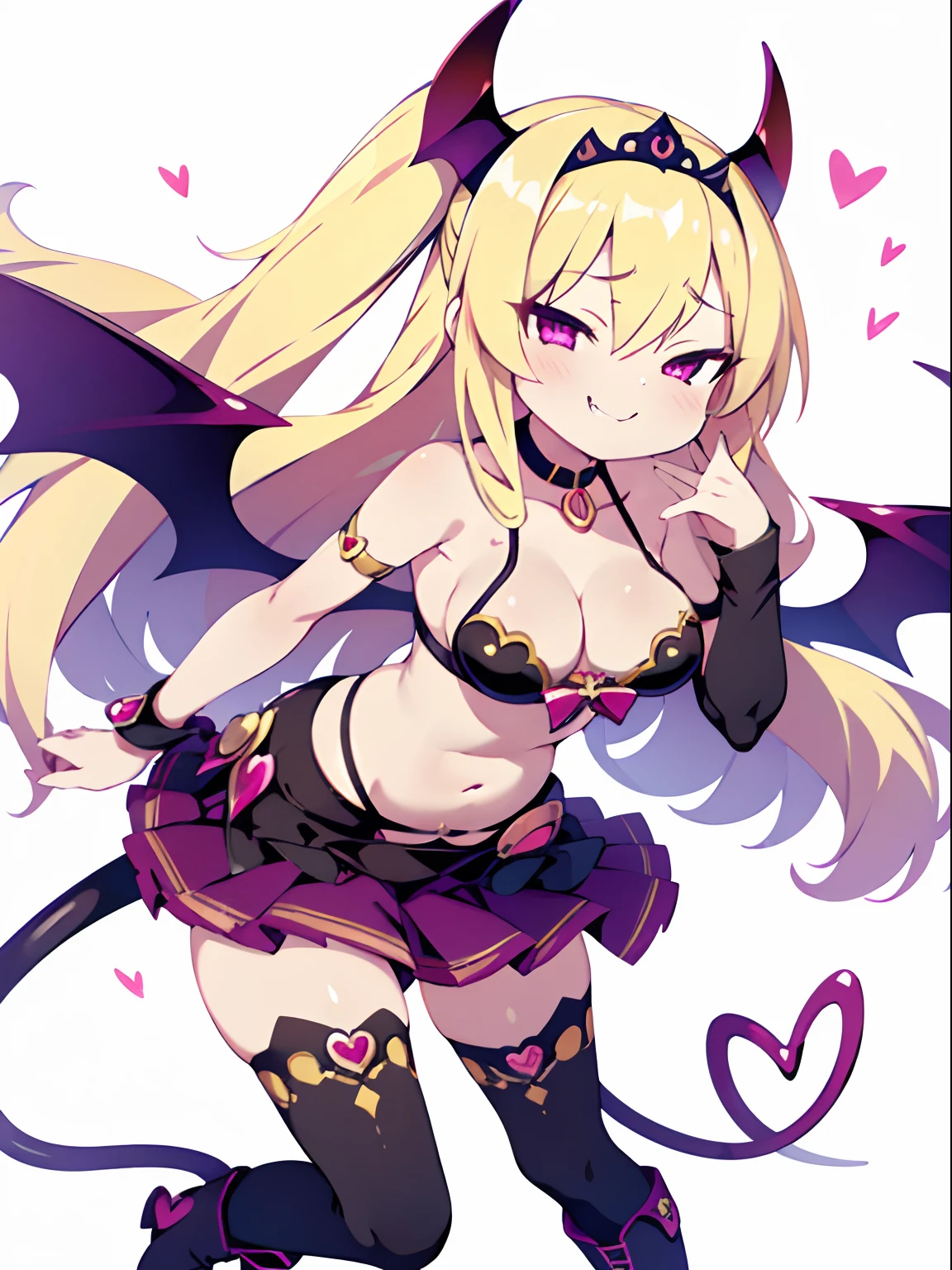 character sheet, Highly detailed and realistic CG, Colorful, Masterpiece, Best Quality, jewel-like eyes, 1girl, solo, blond hair, shiny hair, long straight hair, slender, skinny legs, succubus costume, layered mini skirts, luxury boots, violet eyes, large breasts, side boobs, wavy hand, smirk, smile, jitome, half-closed eyes, tsurime, simple background, open mouth, from pov, best quality eyes, fangs, tsundere, stylish pose, floating, jumping, (shiny skin:1.2), succubus headdress, succubus wings, succubus tail, ribbon tail, heart choker, navel, belly button, mesugaki, teasing, smug,