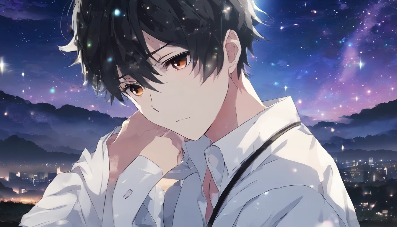 Anime boy,(Man's), Short black hair with an expressionless face, White shirt, (Best quality, 4K, high resolution: 1.4), Stars on a bright night sky background