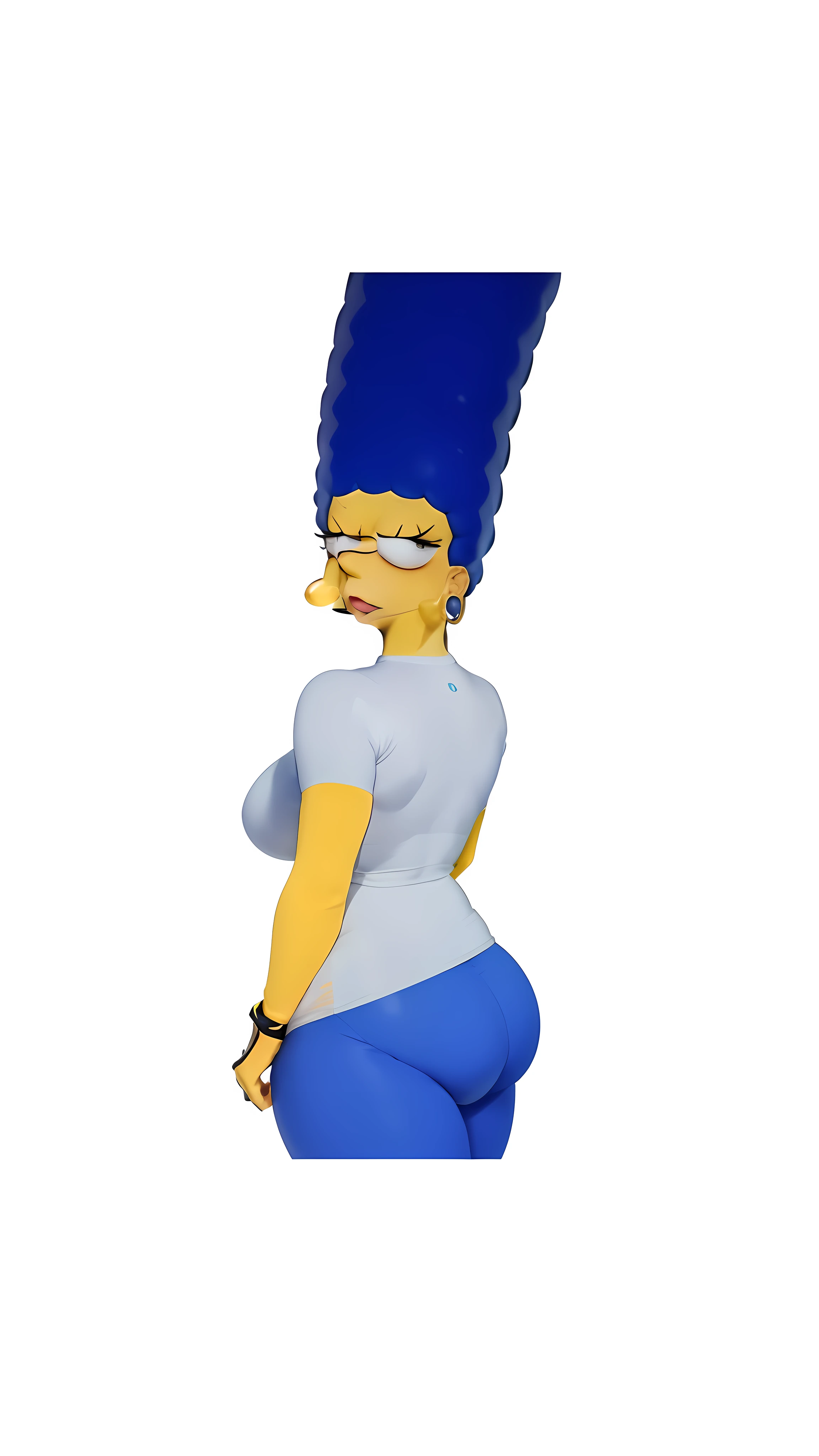 Marge Simpson open mouth pink lips face white earring round black dot eyes yellow skin FROM BEHIND nike white compression shirt slime blue brows thin leggings rubber skintight form-fitting outline too tight hugging tights cuff inflate bubble round scrunch lumbar lordosis intergluteal cleft buttcrack visible pantyline pantie hipdip hipline wedgie