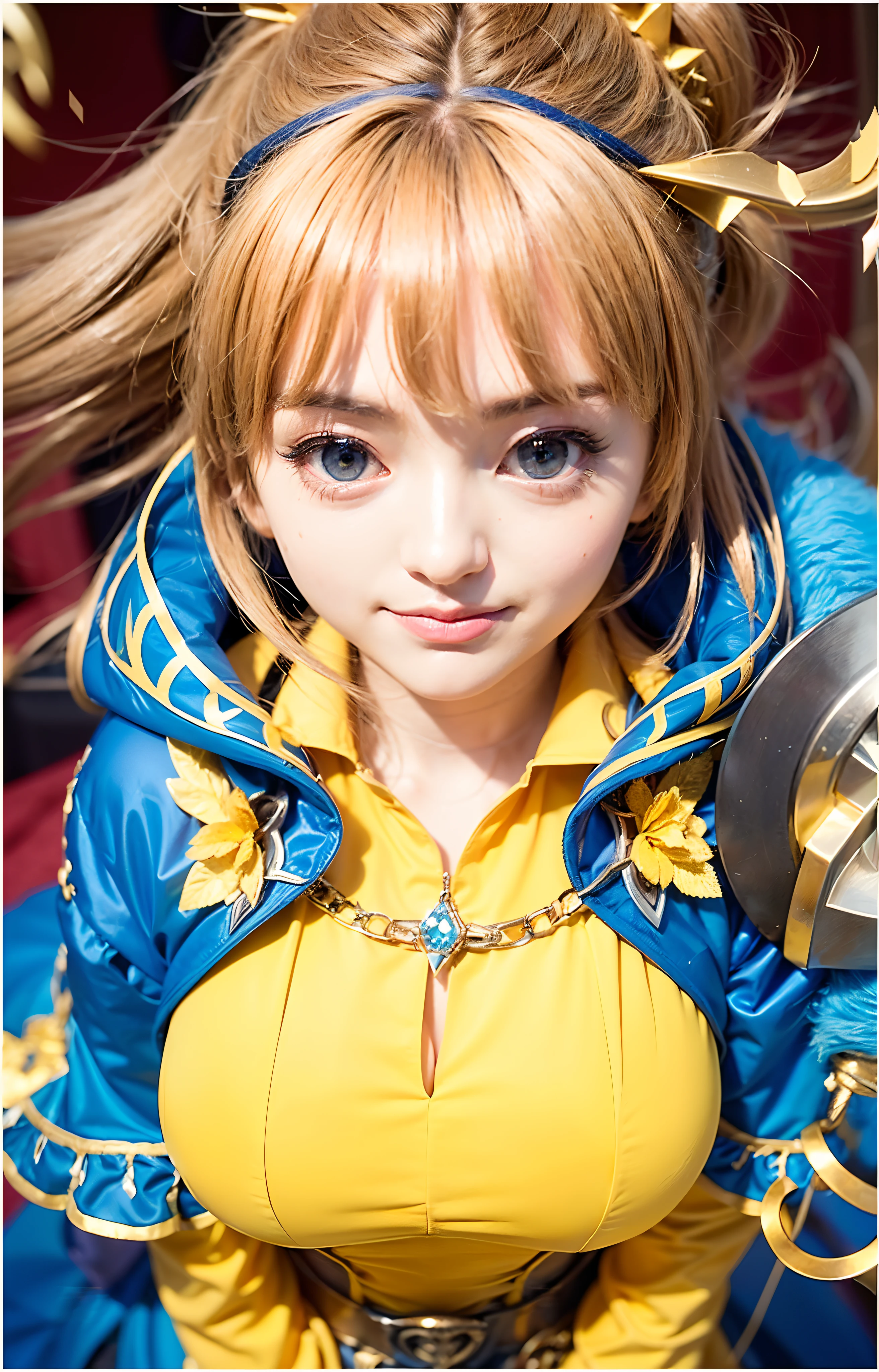 a close up of a woman with long hair wearing a yellow and blue outfit, portrait knights of zodiac girl, anime girl cosplay, anime cosplay, ornate cosplay, cosplay, full-cosplay, knights of zodiac girl, cosplay photo, ayaka cosplay, anime character, blue and gold, anime girl in real life, cosplayer, professional cosplay, artoria pendragon