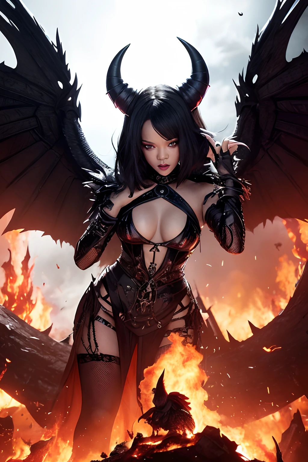 Ultra-detailed Rihanna stands atop a pile of burning ruins, Her diabolical and insidious presence radiating from her dark crown and black and red evil queen dress................................................................................................ Her demon wings on her back and demon horn give her an invincible aura as she unleashes a powerful wave of destruction with a single gesture..............................................................................................................................................................................................