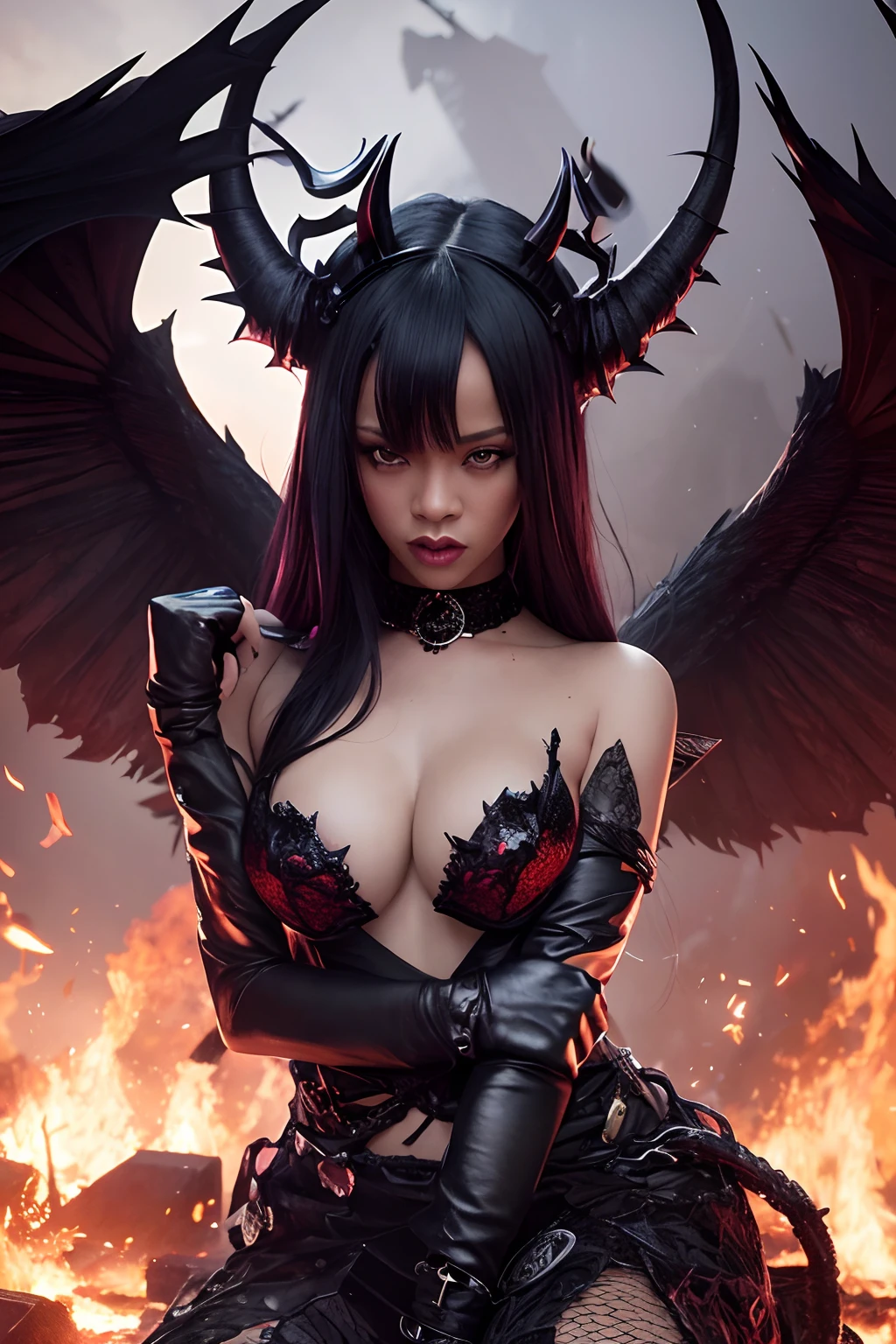 Ultra-detailed Rihanna stands atop a pile of burning ruins, Her diabolical and insidious presence radiating from her dark crown and black and red evil queen dress................................................................................................ Her demon wings on her back and demon horn give her an invincible aura as she unleashes a powerful wave of destruction with a single gesture..............................................................................................................................................................................................