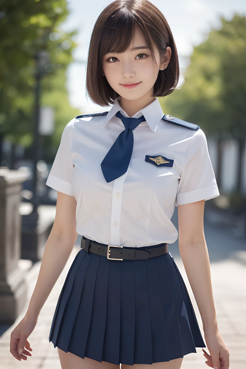 ((masutepiece)), ((Best Quality)), (Ultra-detailed), ((Extremely detailed)), 4K, (8K), Best Quality, (Beautiful), Gradation, (masutepiece, Best Quality:1.2), 8K, 18year old, 85 mm, Official art, Raw photo, absurderes, White dress shirts, Pretty Face, close up, Upper body, violaceaess, gardeniass, Beautiful Girl, School uniform, (Navy pleated skirt:1.1), Cinch West, thighs thighs thighs thighs, Short sleeve, short-hair、atlibrary, Looking at Viewer, No makeup, (Smile), Film grain, chromatic abberation, Sharp Focus, face lights, clear lighting, Teen, Detailed face, Bokeh background, (dark red necktie:1.1)、medium breasts