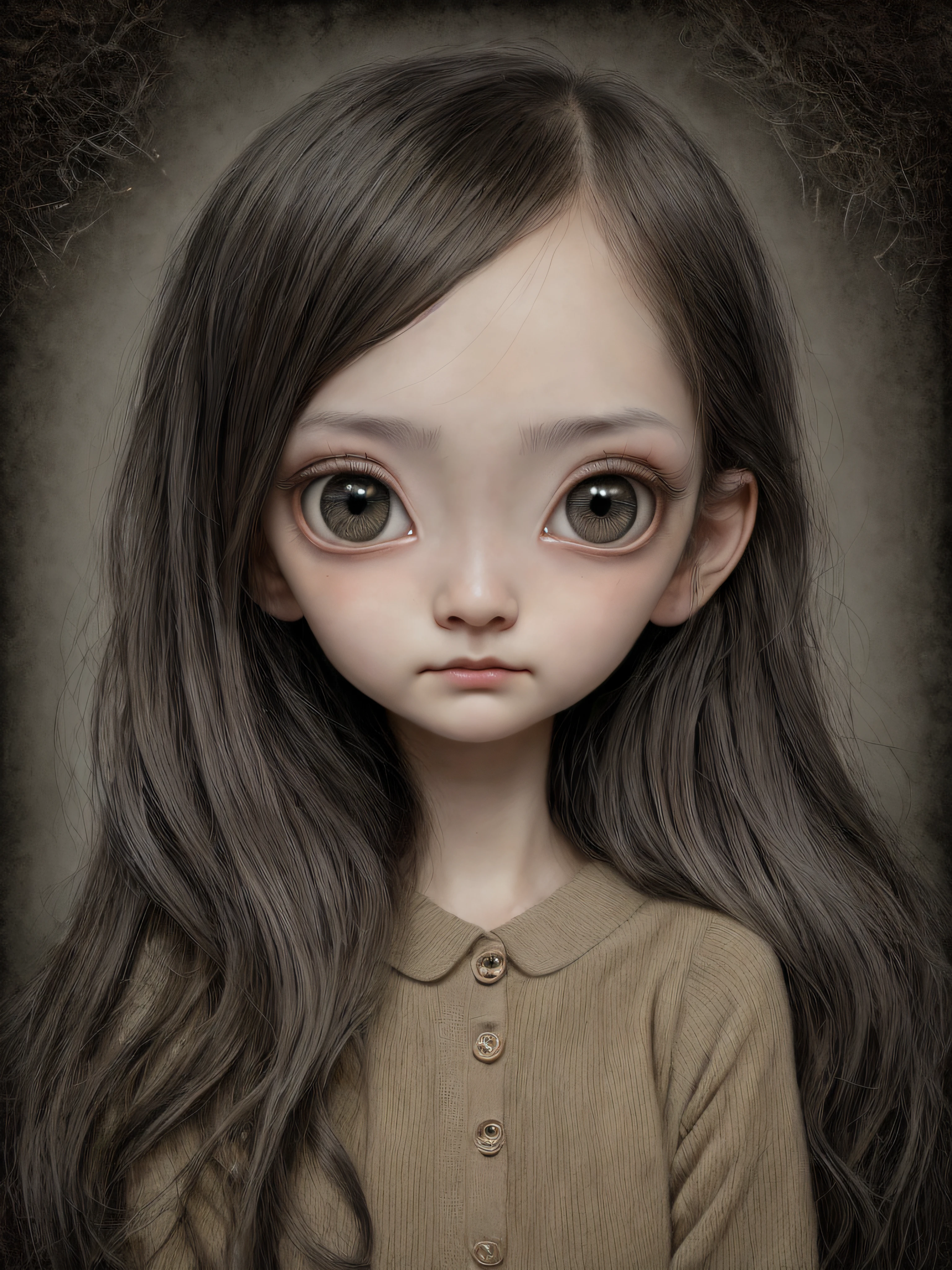 Un primer plano de una chica con el pelo largo y los ojos grandes, Anton Semenov, Mark Ryden muy detallado, Estilo Mark Ryden, Mark Ryden en el estilo de, Estilo de Mark Ryden, inspirado por Mark Ryden, Naoto Hattori, Adorable pintura digital, cara linda. DarkFantasy, Estilo Wlop Loish y Clamp