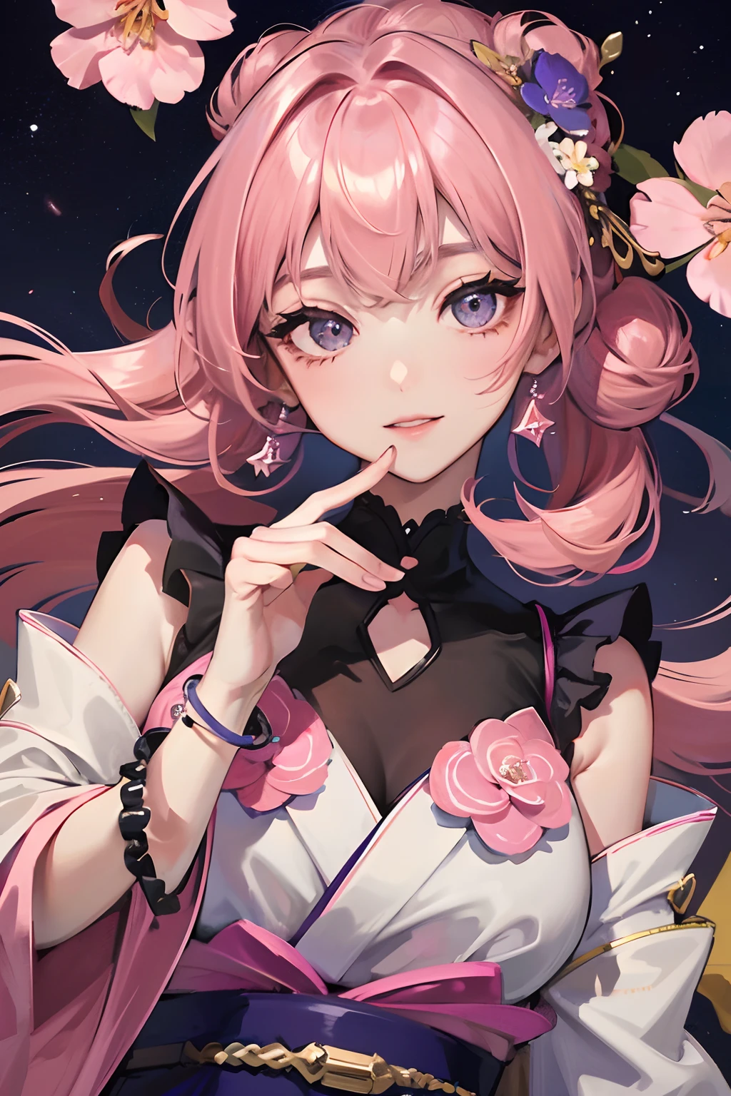 Masterpiece, Best quality, Night, stars, Cityscape, Real, Huge_filesize, the wallpaper, Colorful, Girl, Long hair, Pink hair, Drill hair, hair tying, Beautiful detailed eyes, view the viewer, Seductive smile, Japanese_clothes, Obi, frilled legwear, Hair_flower, hair pin, flower ribbon, Hair_bow, Earrings, jewelry, Bracelet,