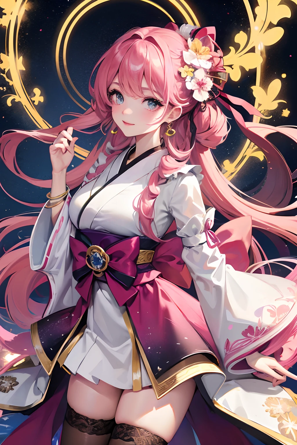 Masterpiece, Best quality, Night, stars, Cityscape, Real, Huge_filesize, the wallpaper, Colorful, Girl, Long hair, Pink hair, Drill hair, hair tying, Beautiful detailed eyes, view the viewer, Seductive smile, Japanese_clothes, Obi, frilled legwear, Hair_flower, hair pin, flower ribbon, Hair_bow, Earrings, jewelry, Bracelet,