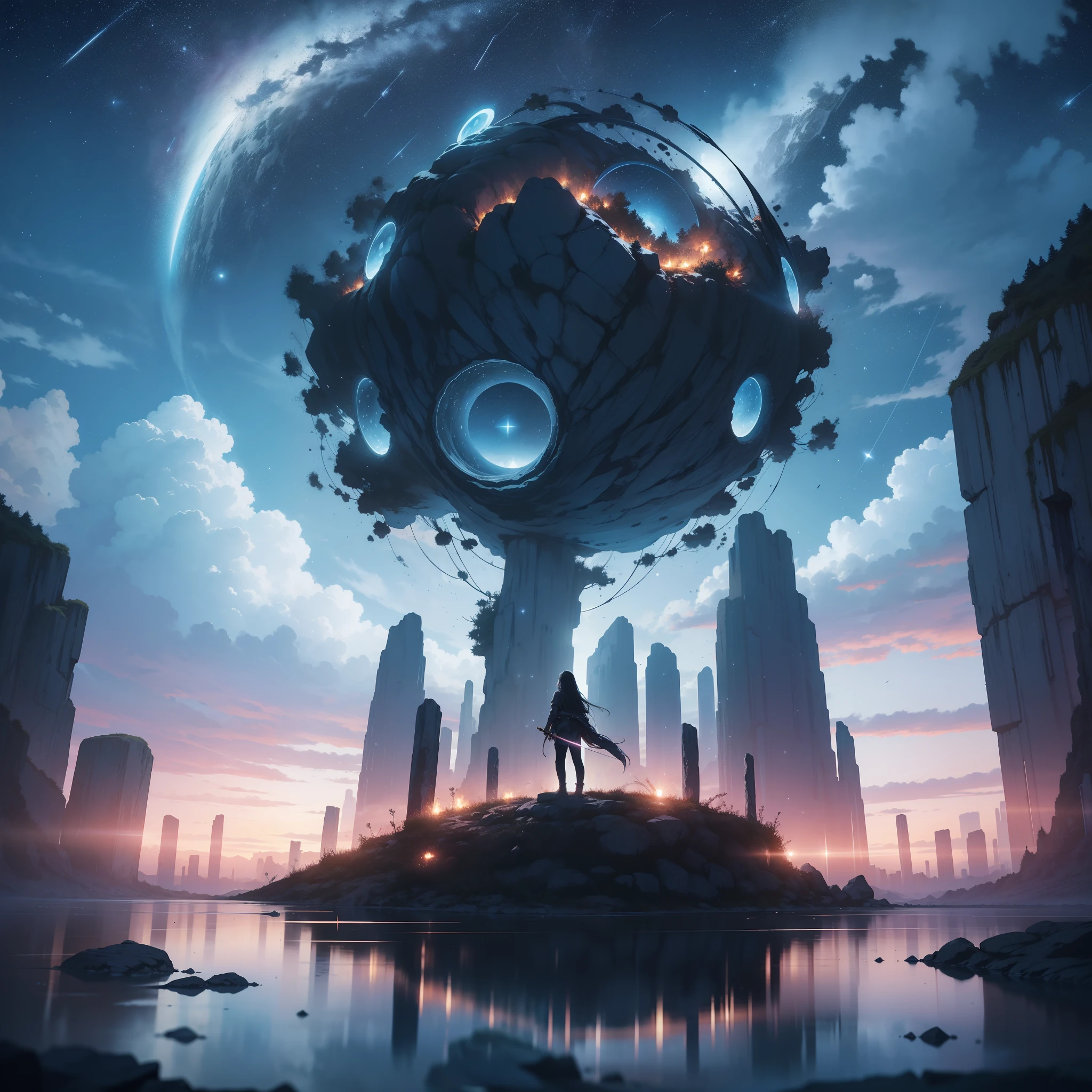 Storyboard,((Best Quality, 8K, Masterpiece)), landscape, in front of portal, standing womanwith black hair, look at the stars, amazing scenery, hundreds of stars forming a circle, center of city, futures, bring long sword, the edge of the world, outstanding art, reflection.