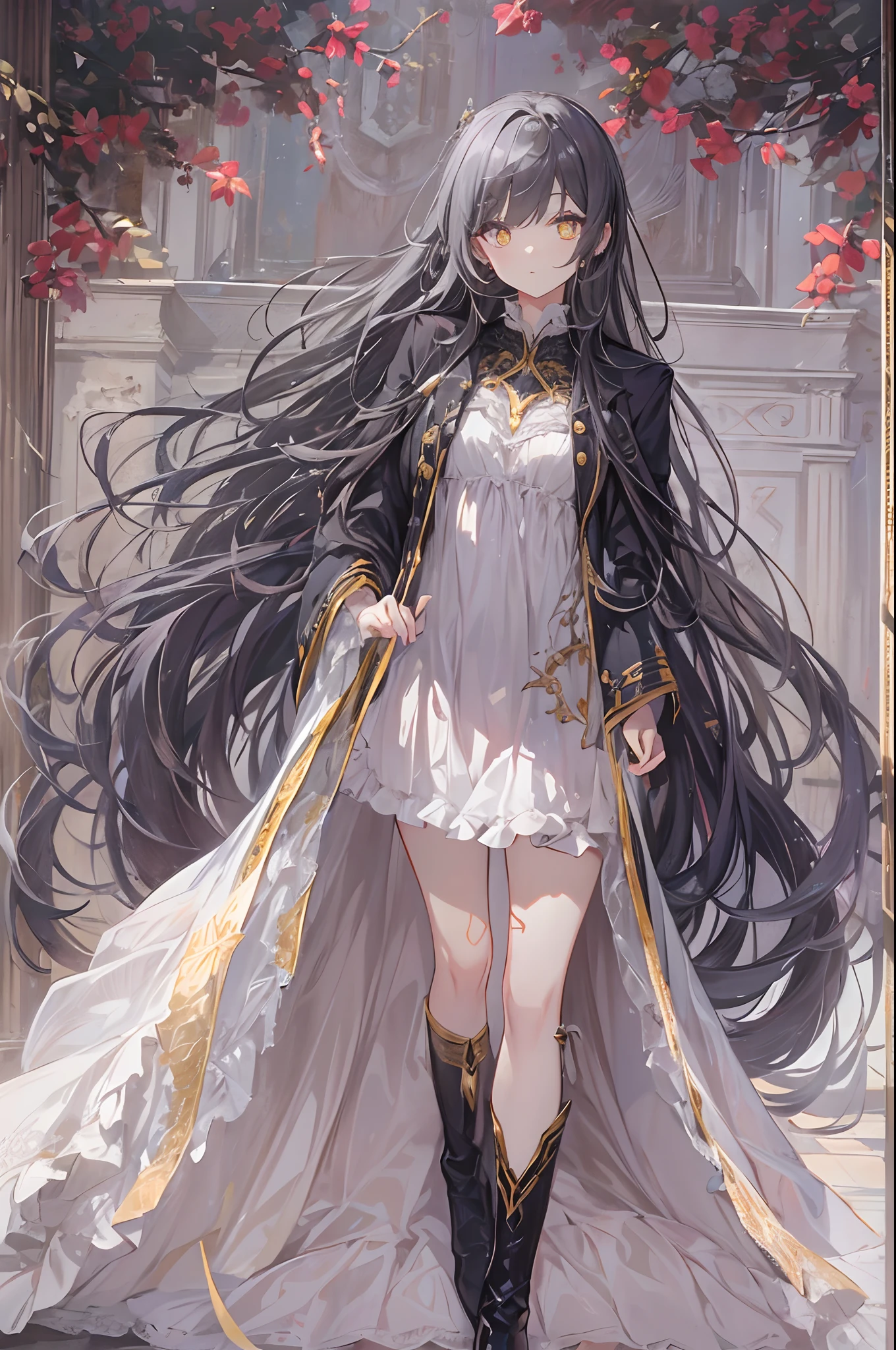 silber hair、Semi-long hair,{{{{{{{{ Black Parker Oversize }}}}}}}},beautiful and delicate golden eyes,Thinking,Black clothes,