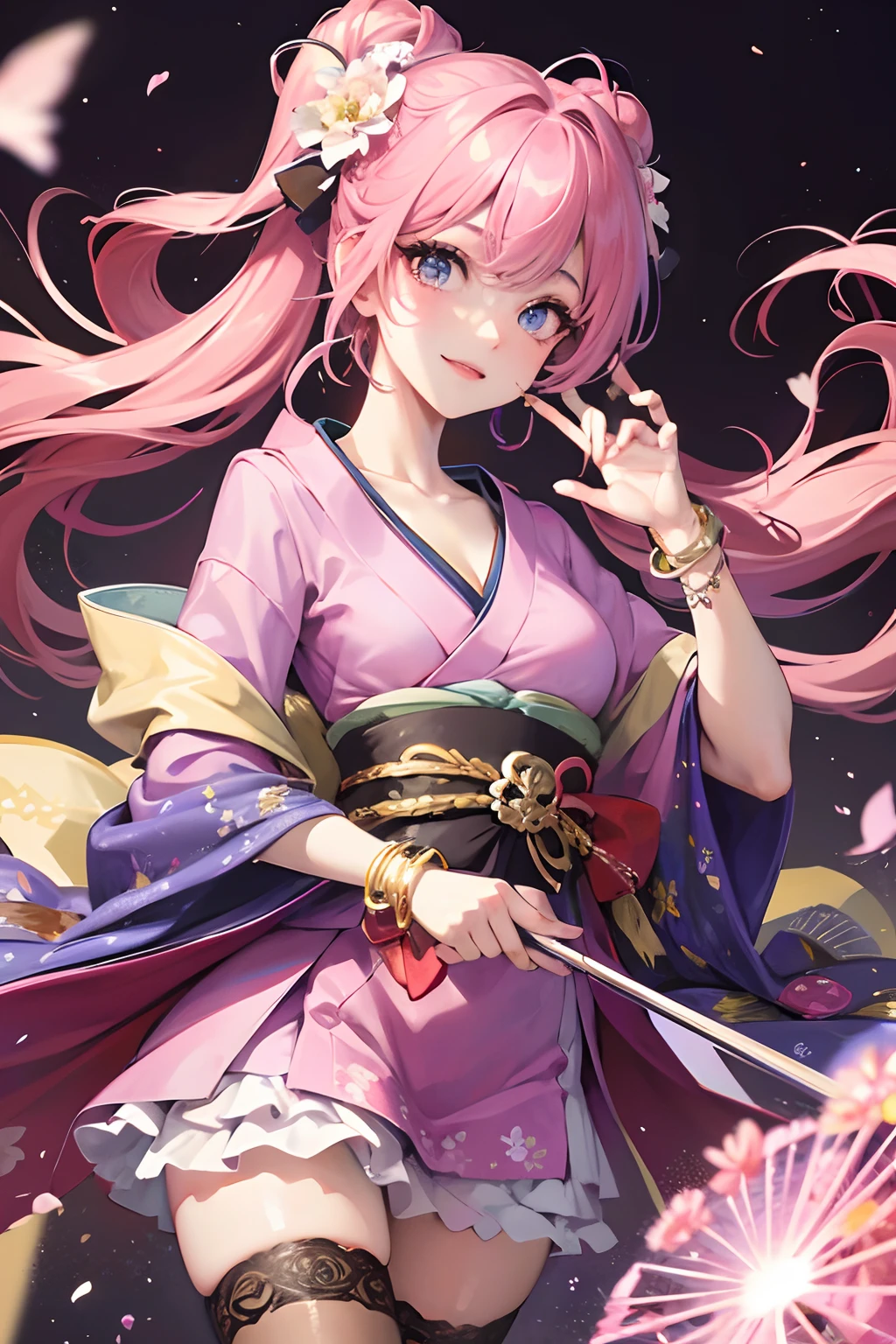 Masterpiece, Best quality, Night, stars, Cityscape, Real, Huge_filesize, the wallpaper, Colorful, Girl, Long hair, Pink hair, Drill hair, hair tying, Beautiful detailed eyes, view the viewer, Seductive smile, Japanese_clothes, Obi, frilled legwear, Hair_flower, hair pin, flower ribbon, Hair_bow, Earrings, jewelry, Bracelet,
