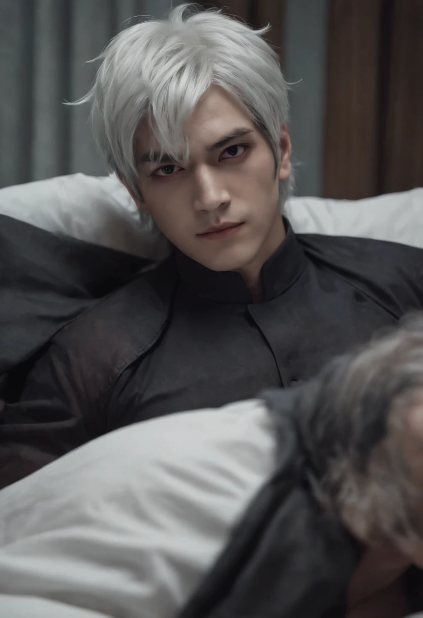Best quality, 4K, Masterpiece, as an anime character, whaite hair, joker as naruto,Anime characters with white hair and black masks, kakashi hatake, Kakashi, Naruto, He has dark gray hair, The Joker looks like Naruto, Naked all over the body,Desire for sex,The erection,white bed sheet,独奏,1male people,Handsome,The audience is young girls,full body detailing,lightand shade contrast。