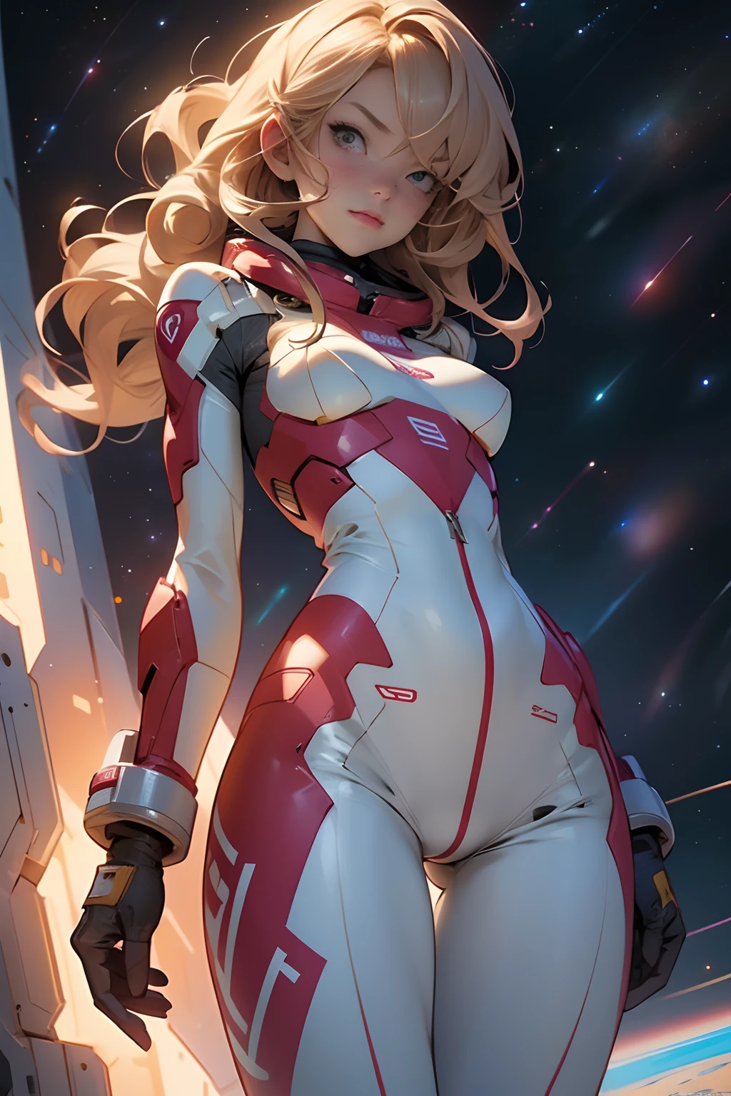 sandy hair fit body large breasts slender thighs slender waist pilot suit solo looking at viewer in space long hair blushing determination, 8k, extreme detail,