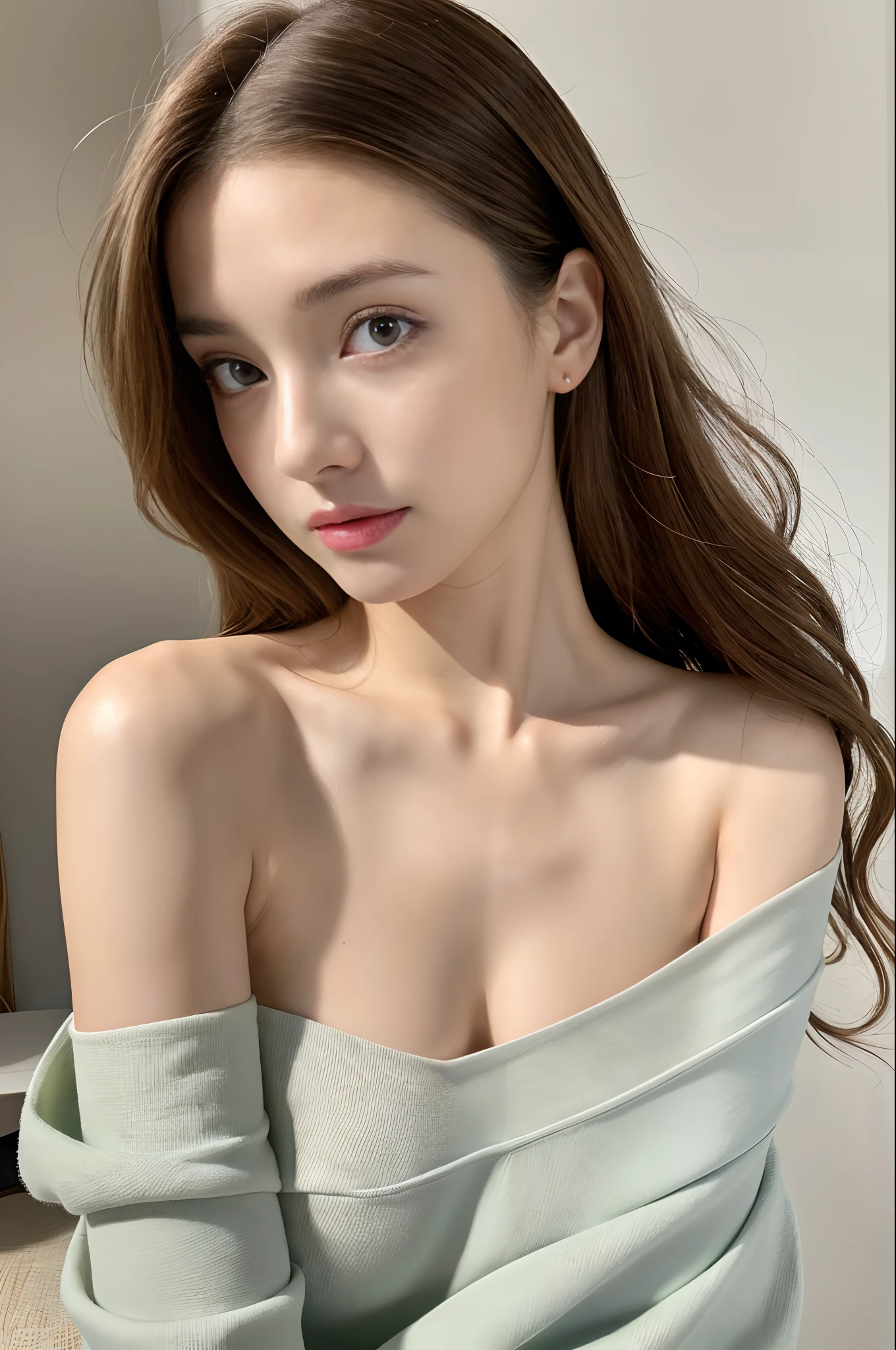 best qualtiy, ​masterpiece, 超A high resolution, (Photorealsitic:1.4), Raw photo, 1girl in,Pretty small breasts、Very small bust、flat breast、Slimed、A slender、Model body type、Iridescent eyes、light brown hair、gradation hair、waved hair、Off-the-shoulder tight dresses、