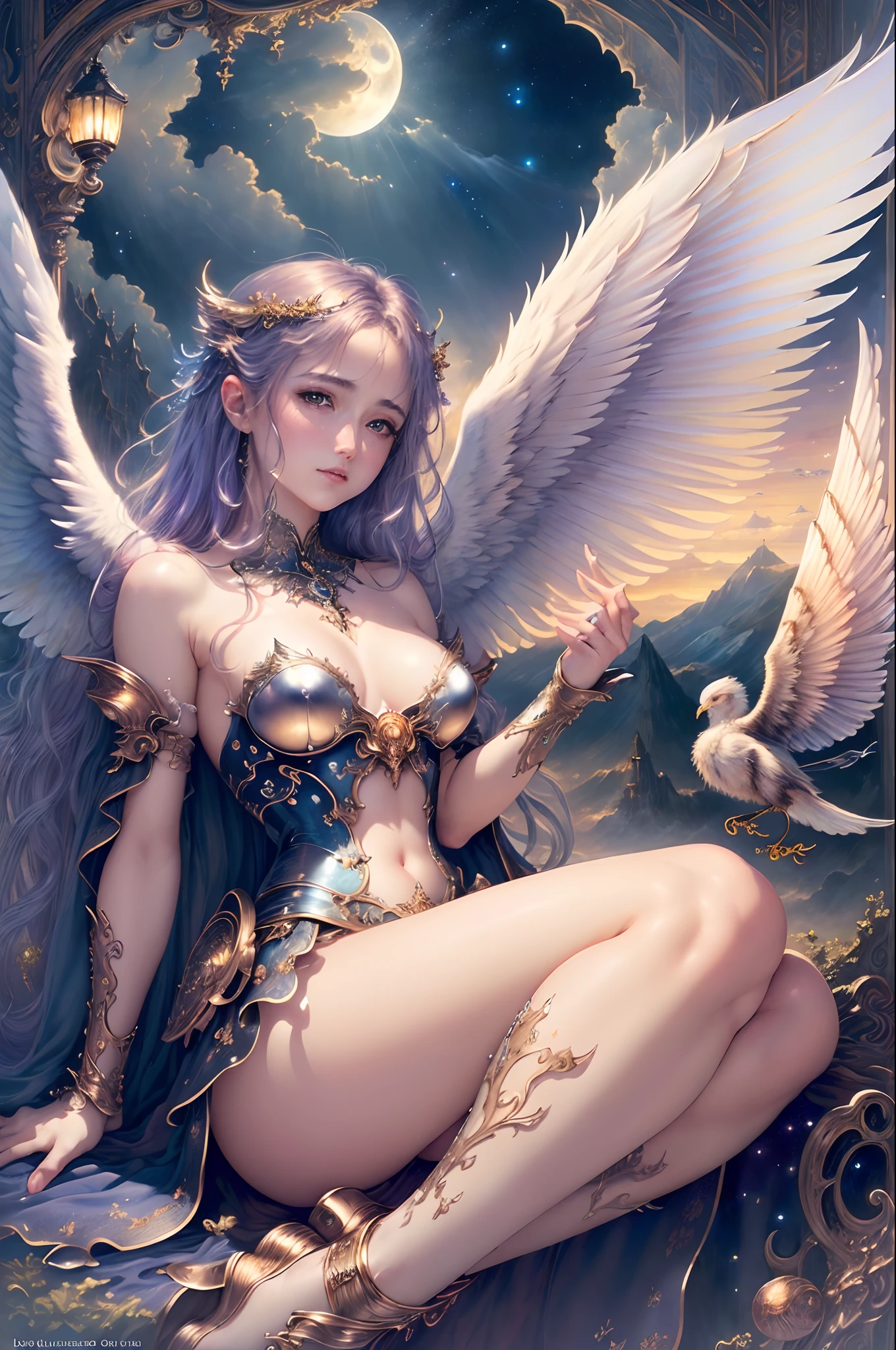 ((best quality)), ((masterpiece)), (detailed), alluring angel, ethereal beauty, perched on a cloud, (fantasy illustration:1.3), enchanting gaze, captivating pose, delicate wings, otherworldly charm, mystical sky, (Luis Royo:1.2), (Yoshitaka Amano:1.1), moonlit night, soft colors, (detailed cloudscape:1.3), (high-resolution:1.2)