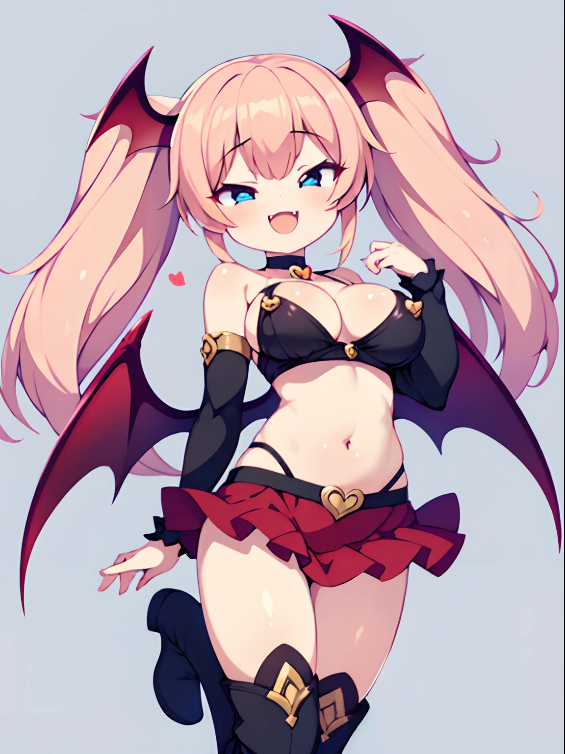 character sheet, Highly detailed and realistic CG, Colorful, Masterpiece, Best Quality, jewel-like eyes, 1girl, solo, pink hair, shiny hair, long straight hair, slender, skinny legs, succubus costume, layered mini skirts, luxury boots, violet eyes, large breasts, under boobs, tube top, smirk, smile, jitome, half-closed eyes, tsurime, simple background, open mouth, from pov, best quality eyes, fangs, tsundere, stylish pose, floating, jumping, (shiny skin:1.2), succubus headdress, succubus wings, succubus tail, heart choker, navel, belly button, mesugaki, teasing, smug,