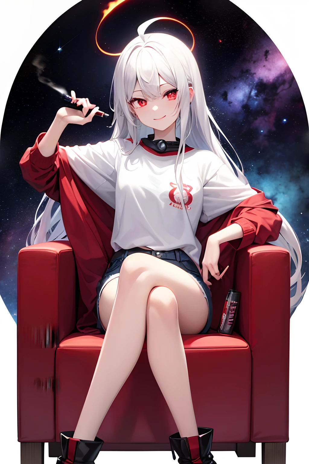 anime girl full height sitting on a red couch with a drink energy bank in her hand,cigarette in hand,white hair, red eye,white shirt,black jacket, denim short shorts, black bootsfloating in a cosmic nebula,nasty smile