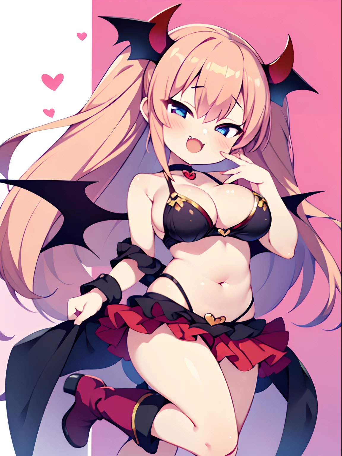 character sheet, Highly detailed and realistic CG, Colorful, Masterpiece, Best Quality, jewel-like eyes, 1girl, solo, pink hair, shiny hair, long straight hair, slender, skinny legs, succubus costume, layered mini skirts, luxury boots, violet eyes, large breasts, under boobs, tube top, smirk, smile, jitome, half-closed eyes, tsurime, simple background, open mouth, from pov, best quality eyes, fangs, tsundere, stylish pose, floating, jumping, (shiny skin:1.2), succubus headdress, succubus wings, succubus tail, heart choker, navel, belly button, mesugaki, teasing, smug,