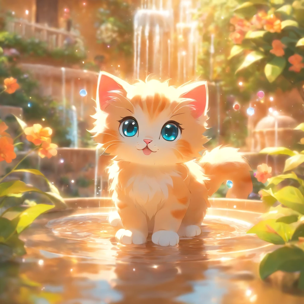 Cute kitten with round eyes, Garden fountain, , Distant home, Mirror effect