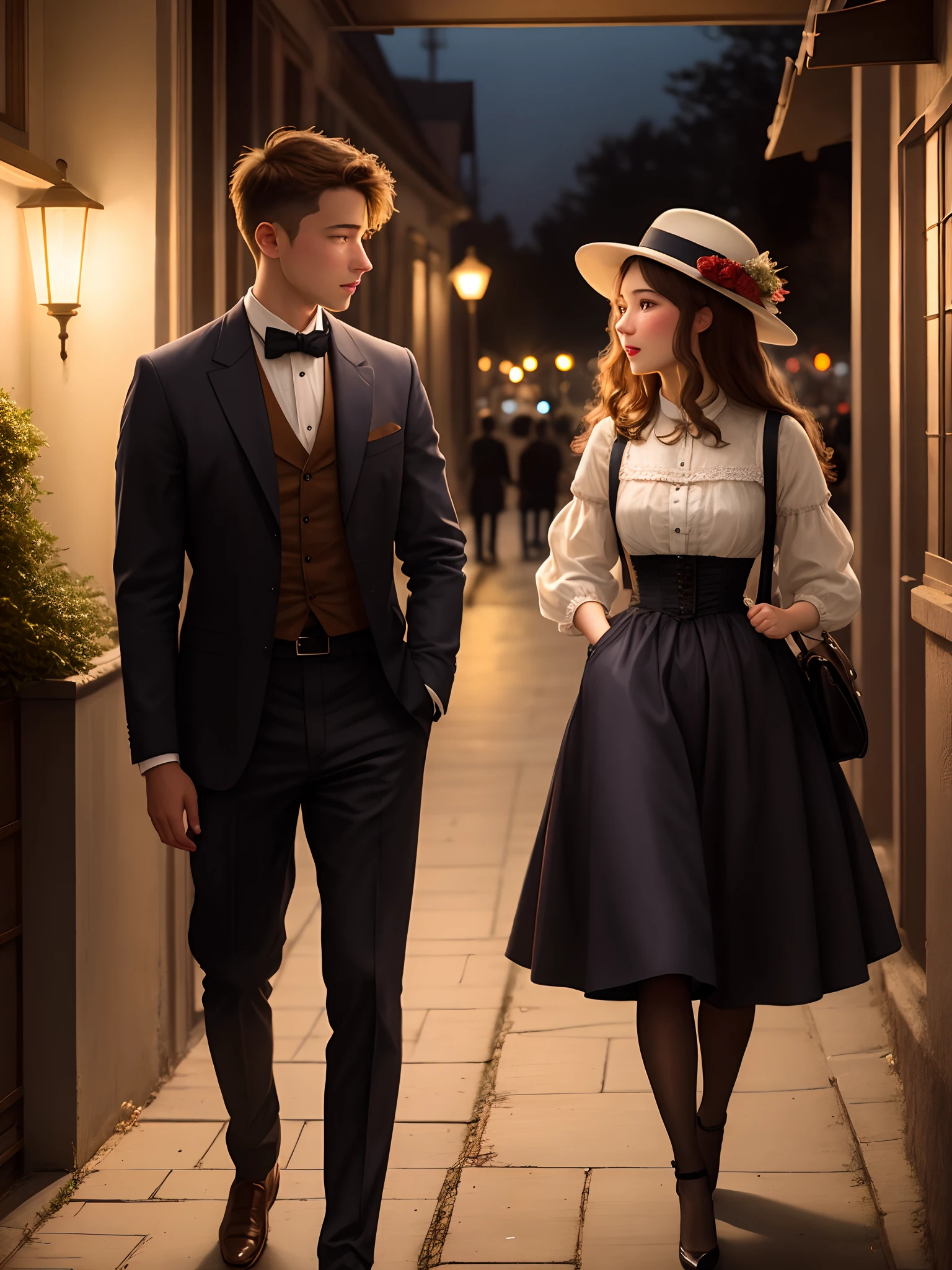 girl and a guy talking to each other in the night time in the 1800s
