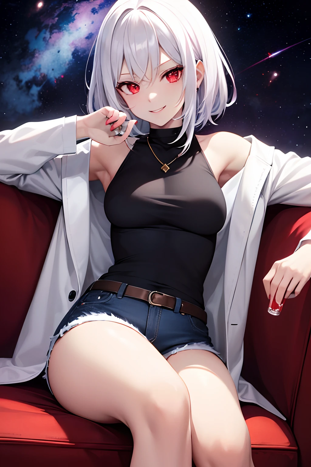 anime girl full height sitting on a red couch with a drink energy bank in her hand,cigarette in hand,white hair, red eye,white shirt,black jacket, denim short shorts, black bootsfloating in a cosmic nebula,nasty smile