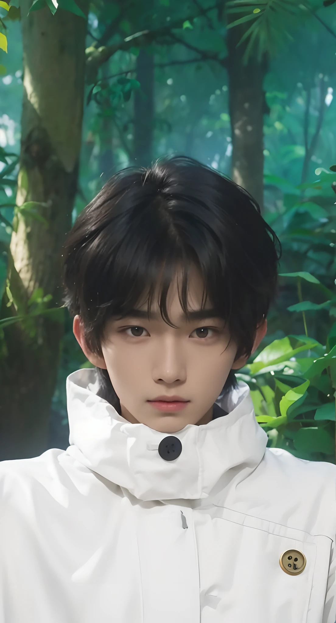 Real life adaption of this character, teen Korean handsome face,looking to viewer,realistic same hairstyle black color,realistic jungle with many grass background, hyper realistic, realistic light, realistic shadow, realism,(photorealistic:1.2), (realistic same outfit white jacket with same button), normal eyes