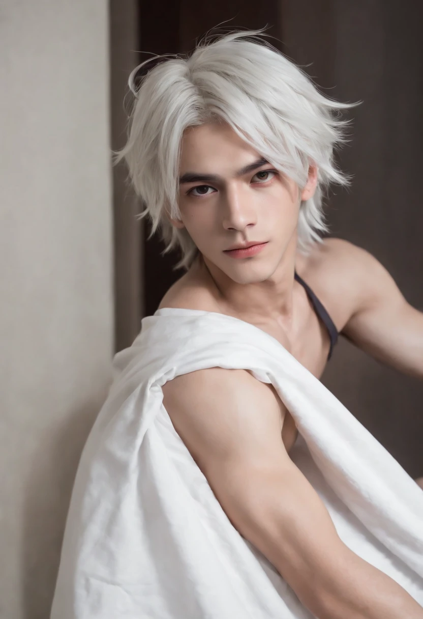 Best quality, 4K, Masterpiece, as an anime character, whaite hair,Black eyes， joker as naruto,Anime characters with white hair and black masks, kakashi hatake, Kakashi, Naruto, He has dark gray hair, The Joker looks like Naruto, Naked all over the body，Desire for sex，The erection，white bed sheet，独奏，1male people，Handsome，18-year-old boy，Eyes blank，The face is sharpened，with fair skin，full body detailing，lightand shade contrast。