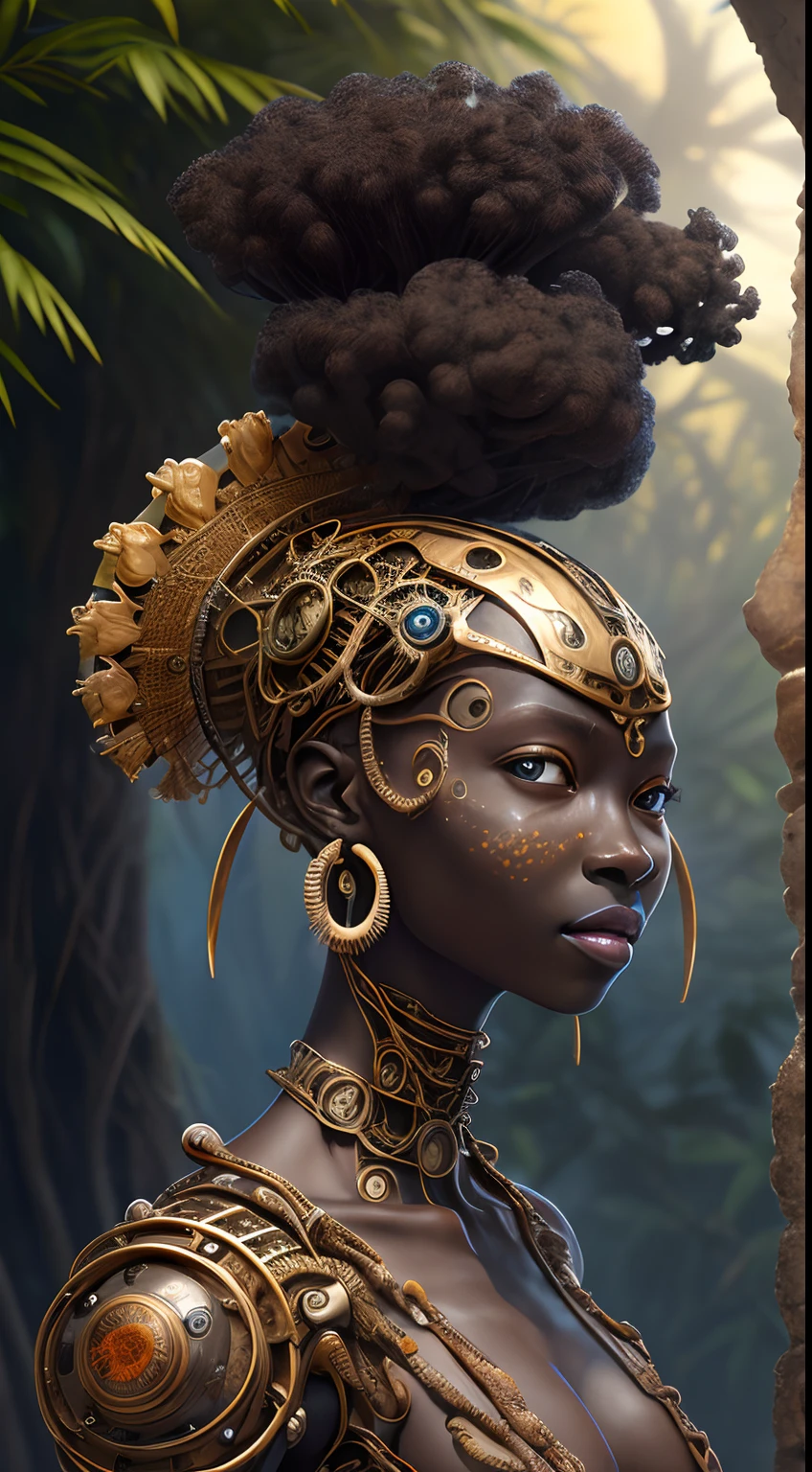 Artwork in the style of Vladimir Kush, WLOP and James Jean highly detailed and intricate portrayal of a mechanical or cybernetic face, likely inspired by steampunk and futuristic themes. The face, appears, African features, metallic and mechanical components, gold    Motor irreal:1.4,UHD,La mejor calidad:1.4, fotorrealista:1.4, textura de la piel:1.4, Obra maestra:1.8,hermosa 
mujer africana  piel oscura, pelusa de animal, flequillo, hombros desnudos, barriga plana , cabello negro,piel negra, cielo azul, arco, trenza, edificio, 鎖骨, Trenza de corona, dark skin, Mangas separadas, Visor de cara, Flor, mangas con volantes, Volantes, ojos degradados, hair behind ear, Lazo de pelo, head bowing, hoja, rubor claro, Cabello largo, Mirando al espectador, ojos multicolores, Naturaleza, ombligo, lazo naranja, hoja de palma, palmera, labios separados, ojos rosados, Planta, retrato, flor roja, camisa, single braid, Cielo, solamente, luz del sol, tan, dientes, tree, tropical, Parte superior del cuerpo, dientes superiores, Agua (Estilo Elden Ring:1.3), (Estilo Warhammer:1.1), Artista conceptual, global ilumination, Profundidad de campo, Arte de salpicaduras, Arte de Artgerm y Greg Rutkowski y Viktoria Gavrilenko,