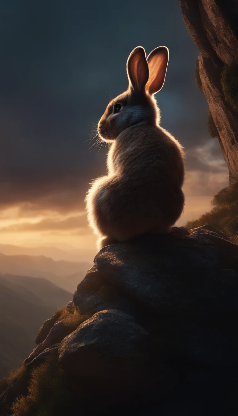 (best quality,4k,highres:1.2),ultra-detailed,realistic,adventurous rabbit,standing on top of a mountain,looking up at the sky,star-filled sky,expansive sky,dungeons and dragons,fantasy,halo,bursting, dramatic atmosphere,1970s dark fantasy film, detailed,8k