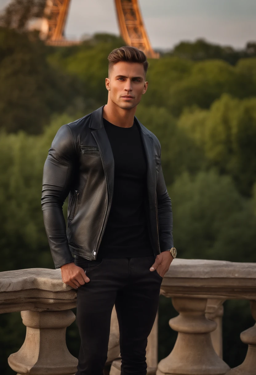 ((Top Quality, 8k, Masterpiece: 1.3)), Photoreality (1.4)), Raw Photo,beautifull,man,hollow cheeks,strong jawline,extradetailed,(standing in paris in front of eiffel tower) (wear tight black T-shirt and black jeans) (without extra fingers,no undatailed picture)muscular,confident pose,pretty face,veryrealistic,fullbody