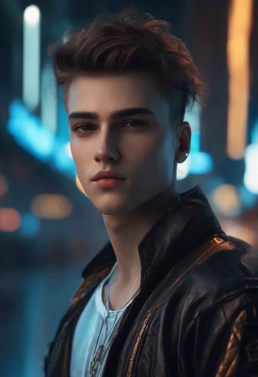 Change background cyberpunk handsome boy. Realistic face 8k