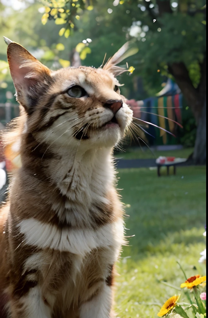 (best quality,4k,8k,highres,masterpiece:1.2),ultra-detailed,(realistic,photorealistic,photo-realistic:1.37), whiskers playfully pounces on colorful butterflies, sun-drenched park, vibrant colors, soft and warm sunlight, glowing flowers, lush green grass, shimmering butterfly wings, playful movements of whiskers, joyful atmosphere, sparkling light, whimsical scene, energetic and lively, lively park activity, delightful springtime, mesmerizing details, realistic portrayal of whiskers, captivating nature, cheerful and vibrant, delightful playfulness