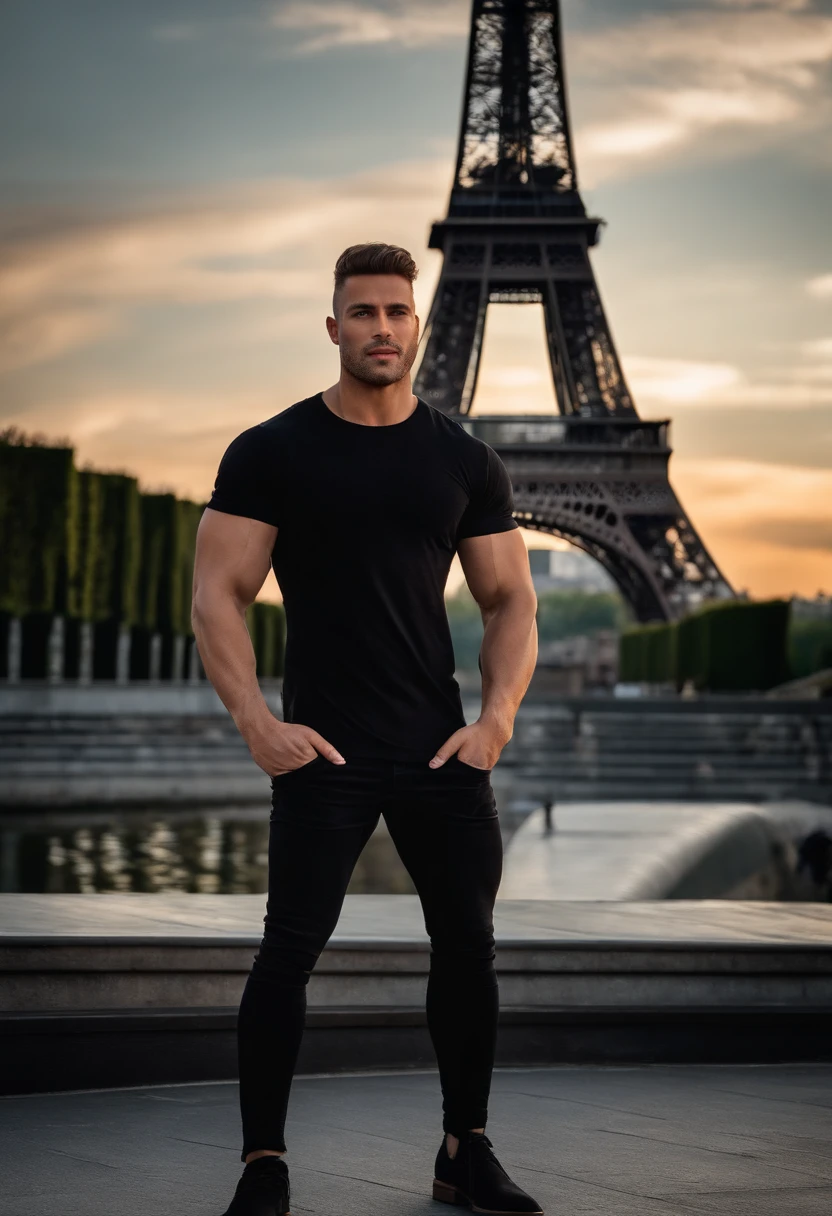 ((Top Quality, 8k, Masterpiece: 1.3)), Photoreality (1.4)), Raw Photo,beautifull,man,hollow cheeks,strong jawline,extradetailed,(standing in paris in front of eiffel tower) (wear tight black T-shirt and black jeans) (without extra fingers,no undatailed picture)muscular,confident pose,pretty face,veryrealistic,fullbody(without beard) (blur background) (night time)