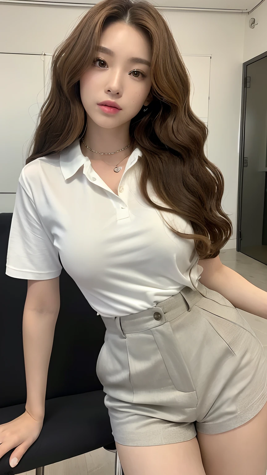 ((best qualtiy, 8K, tmasterpiece:1.3)), Focus:1.2, ((Office Worker)) ((Perfect figure Beautiful Woman: 1.4)), ((Random Diva Hairstyle) ((Brown Wavy Hair In Big Curls))(Long white legs:1.3,(Polo Shirt With Shorts Outfit :1.2) , (inside in room: 1.2), Highly Detailed Facial And Skin Texture)), A detailed eye, detailed lips, Whiten skin((Straight breasts:1.3), ((looking at camera, Wear a necklace,