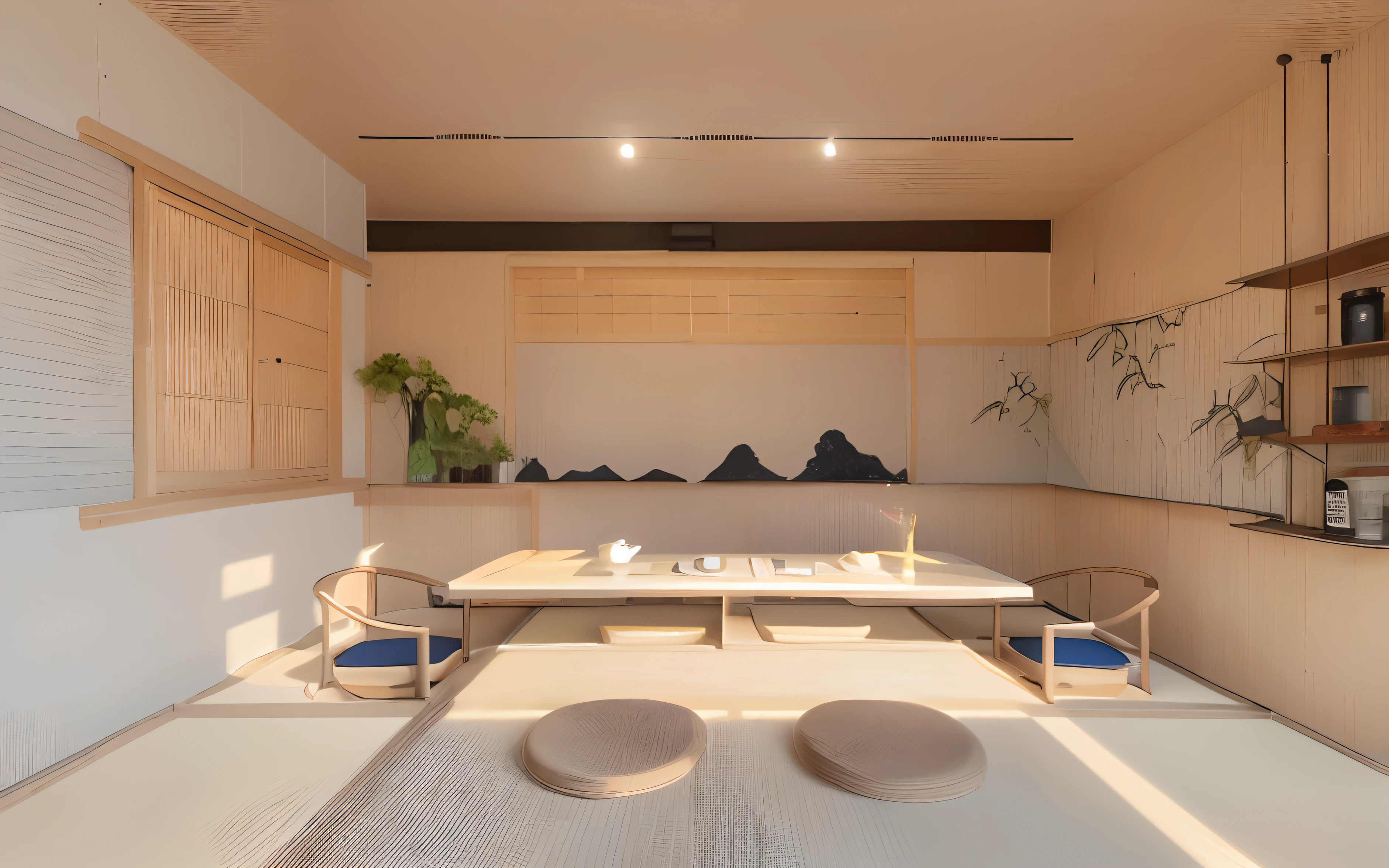 Interior space,The room is equipped with a desk, Chairs and tatami mats, Modern Japanese tea room, The walls are covered with white latex paint,There is a white light box in the middle half-height position,There is a teapot on the top of the light box,There are landscape paintings on the walls,There are wooden windows on the left wall,Raillight on the roof of the shed,The picture is clean and tidy