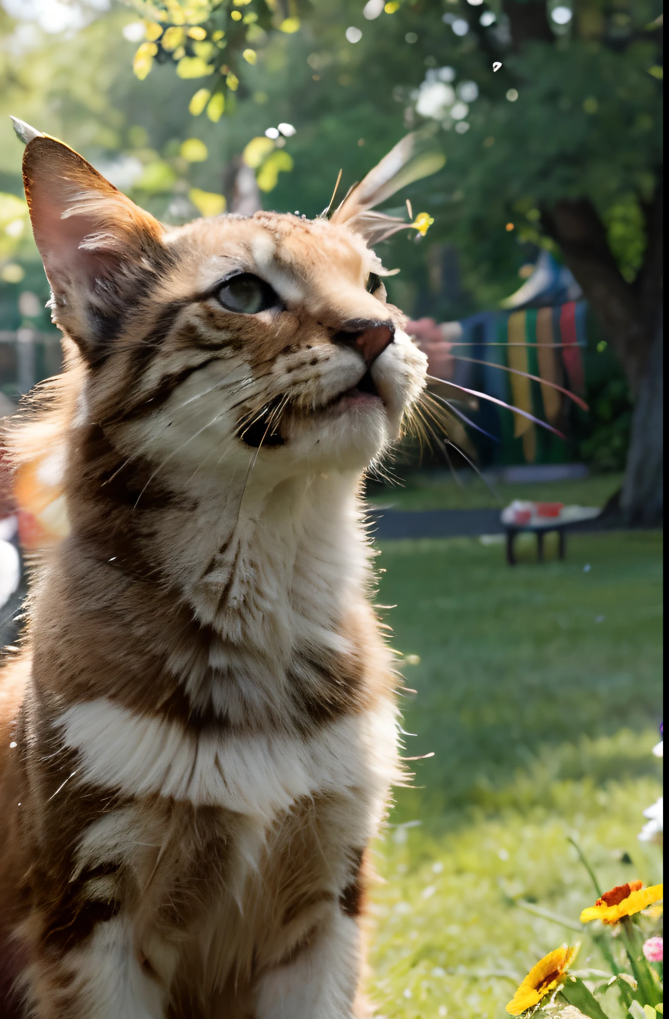 (best quality,4k,8k,highres,masterpiece:1.2),ultra-detailed,(realistic,photorealistic,photo-realistic:1.37), whiskers playfully pounces on colorful butterflies, sun-drenched park, vibrant colors, soft and warm sunlight, glowing flowers, lush green grass, shimmering butterfly wings, playful movements of whiskers, joyful atmosphere, sparkling light, whimsical scene, energetic and lively, lively park activity, delightful springtime, mesmerizing details, realistic portrayal of whiskers, captivating nature, cheerful and vibrant, delightful playfulness