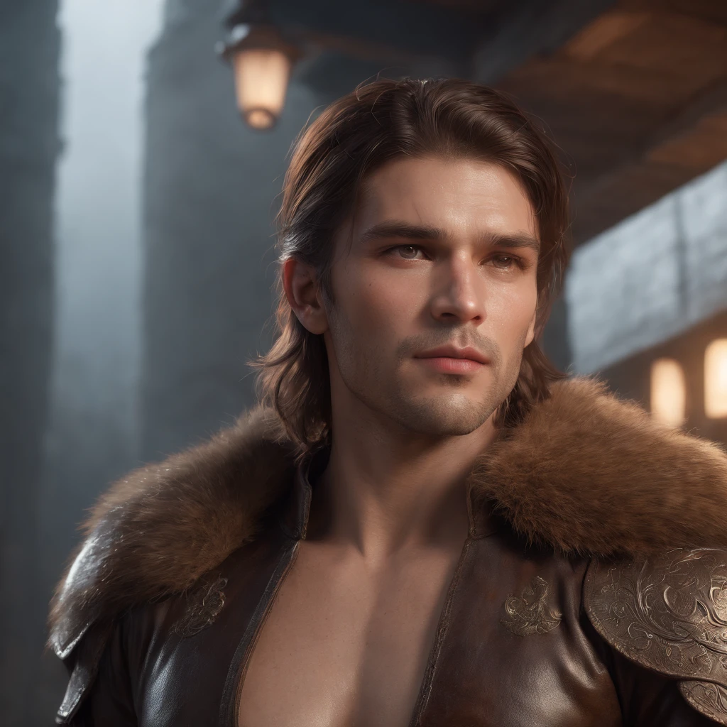 (professional 3d render:1.3) af (Realistic:1.3) most beautiful artwork photo in the world,Features soft and shiny male heroes, ((Epic hero fantasy muscle man rough wet hero angry looking long hair short beard and ferocious expression in dynamic pose, Fantastic location, Majestic cluttered environment)), Full body 8K unified rendering, action shot, skin pore, very dark lighting, heavyshading, Detailed, Detailed face, (vibrant, photograph realistic, Realistic, Dramatic, Dark, Sharp focus, 8K), (Old leather garments damaged by weathering:1.4), ((((Wear fur)))), (Intricate:1.4), decadent, (Highly detailed:1.4), Digital painting, rendering by octane, art stations, concept-art, smooth, Sharp focus, illustration, Art germ, (loish:0.23), wlop ilya kuvshinov, and greg rutkowski and alphonse mucha gracias, (Global illumination, Studio light, volumettic light), heavy rain, particles floating, lotr, fantasy, elf, full bodyesbian, ((Dark and ancient city background:1.3)),CGSesociety,art stations