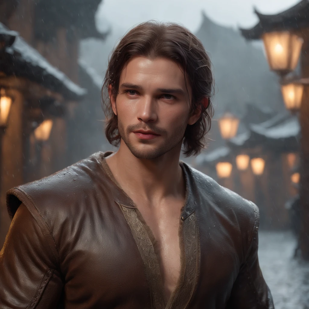 (professional 3d render:1.3) af (Realistic:1.3) most beautiful artwork photo in the world,Features soft and shiny male heroes, ((Epic hero fantasy muscle man rough wet hero angry looking long hair short beard and ferocious expression in dynamic pose, Fantastic location, Majestic cluttered environment)), Full body 8K unified rendering, action shot, skin pore, very dark lighting, heavyshading, Detailed, Detailed face, (vibrant, photograph realistic, Realistic, Dramatic, Dark, Sharp focus, 8K), (Old leather garments damaged by weathering:1.4), ((((Wear fur)))), (Intricate:1.4), decadent, (Highly detailed:1.4), Digital painting, rendering by octane, art stations, concept-art, smooth, Sharp focus, illustration, Art germ, (loish:0.23), wlop ilya kuvshinov, and greg rutkowski and alphonse mucha gracias, (Global illumination, Studio light, volumettic light), heavy rain, particles floating, lotr, fantasy, elf, full bodyesbian, ((Dark and ancient city background:1.3)),CGSesociety,art stations
