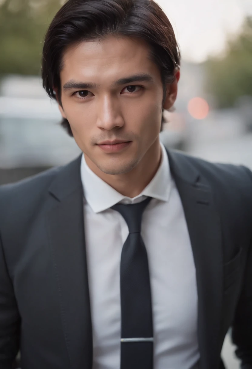 Attractive 27-year-old athlete with medium-long black hair and Hugo Boss business suit、a handsome