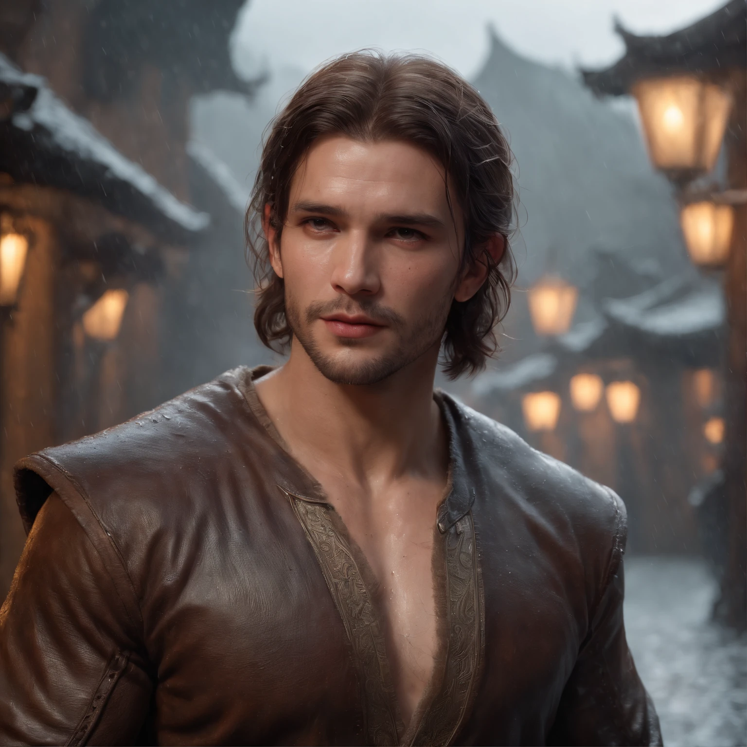 (professional 3d render:1.3) af (Realistic:1.3) most beautiful artwork photo in the world,Features soft and shiny male heroes, ((Epic hero fantasy muscle man rough wet hero angry looking long hair short beard and ferocious expression in dynamic pose, Fantastic location, Majestic cluttered environment)), Full body 8K unified rendering, action shot, skin pore, very dark lighting, heavyshading, Detailed, Detailed face, (vibrant, photograph realistic, Realistic, Dramatic, Dark, Sharp focus, 8K), (Old leather garments damaged by weathering:1.4), ((((Wear fur)))), (Intricate:1.4), decadent, (Highly detailed:1.4), Digital painting, rendering by octane, art stations, concept-art, smooth, Sharp focus, illustration, Art germ, (loish:0.23), wlop ilya kuvshinov, and greg rutkowski and alphonse mucha gracias, (Global illumination, Studio light, volumettic light), heavy rain, particles floating, lotr, fantasy, elf, full bodyesbian, ((Dark and ancient city background:1.3)),CGSesociety,art stations
