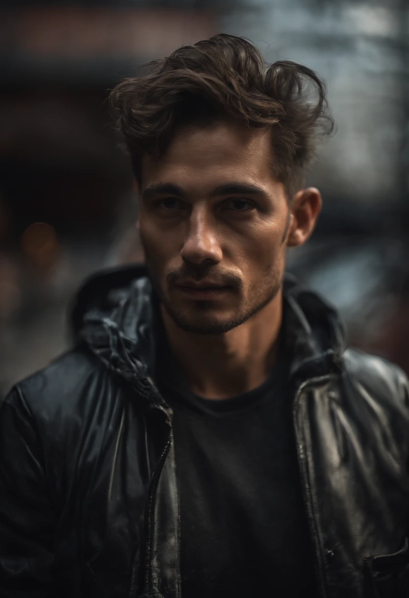 Crisp macro quality, portraint de cerca, de cyberpunk brutal man, en cyberpunk neon room, rough skin, gaze at the camera, ojos brillantes, 30 yrs old, kinematics, colores atenuados, plano oscuro, colores apagados, film grainy, lut, espeluznante