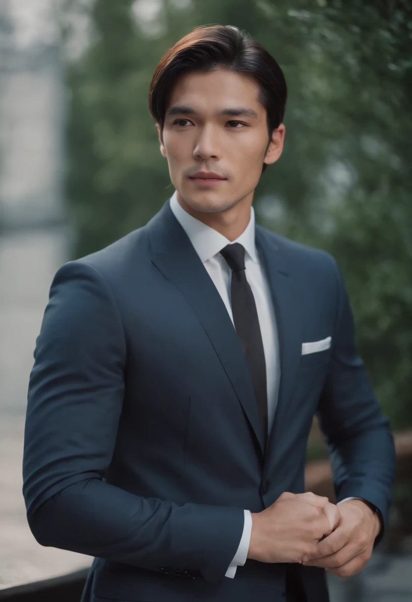 Attractive 27-year-old athlete with medium-long black hair and Hugo Boss business suit、a handsome