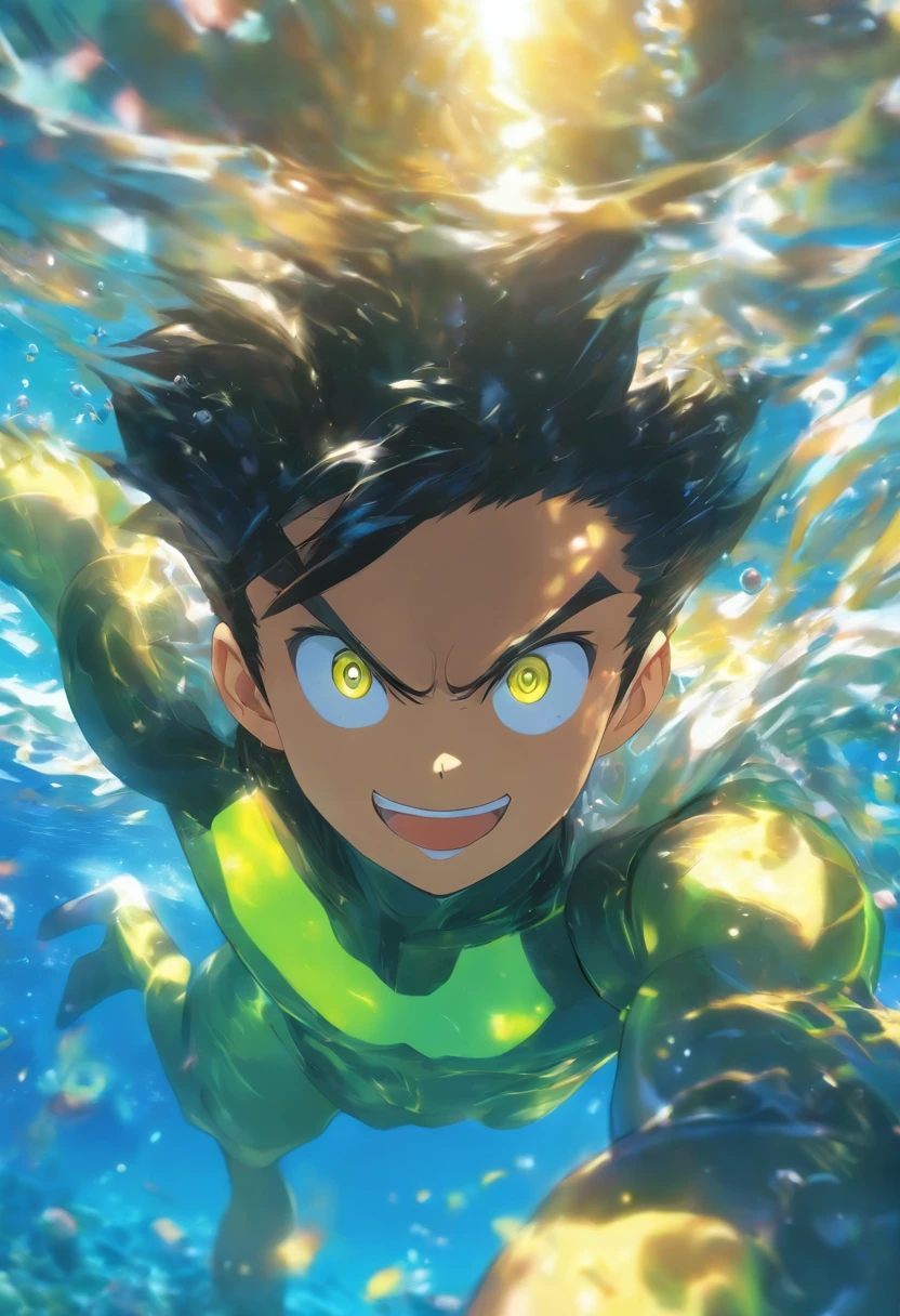 foreshortening, depth of field, masterpiece, best quality, 1 man, black hair, yellow eyes, short hair, underwater, air bubble, solo, looking at viewer, suit, swimming, dappled sunlight,