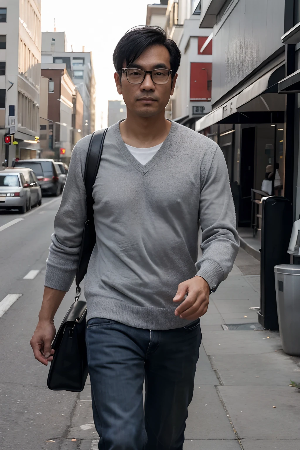 An ordinary Asian man in his 40s, with short black hair and wearing casual clothes - a gray sweater over a white collared shirt, jeans and black glasses. He is holding a leather briefcase in one hand, as he walks down the entire length of the street after finishing work. There is a serious yet contemplative look on his bespectacled face as his full figure cuts across the urban backdrop, heading home following a long day at the office.