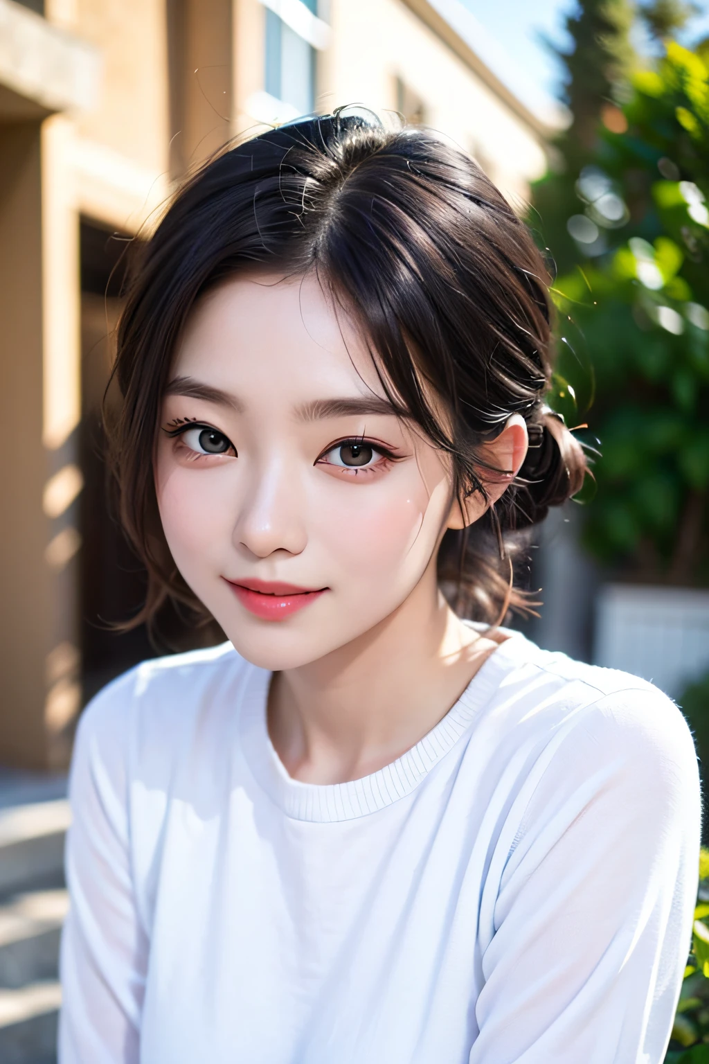 8K,extremely detailed eye、extra detailed face、best qualtiy、masterpiece、ighly detailed、ultra-detailliert、(realisitic、Photorealsitic:1.3)、A smile、(facing front)、Look at viewers、white shirt、A clear day、outside of house、1 Girl's upper body